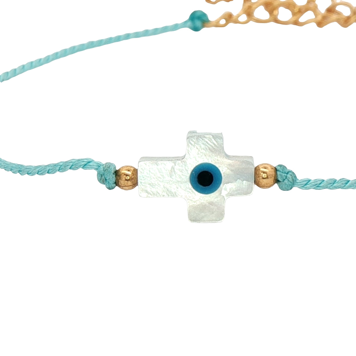 Bracelet doré cordon turquoise croix en nacre avec oeil