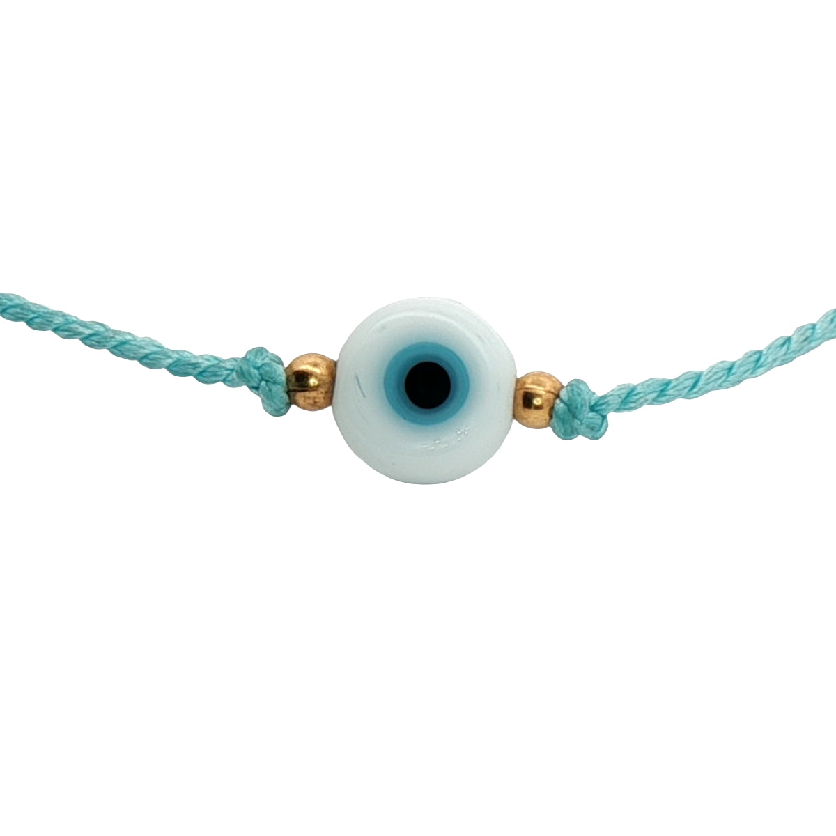 Bracelet doré cordon turquoise avec oeil rond blanc