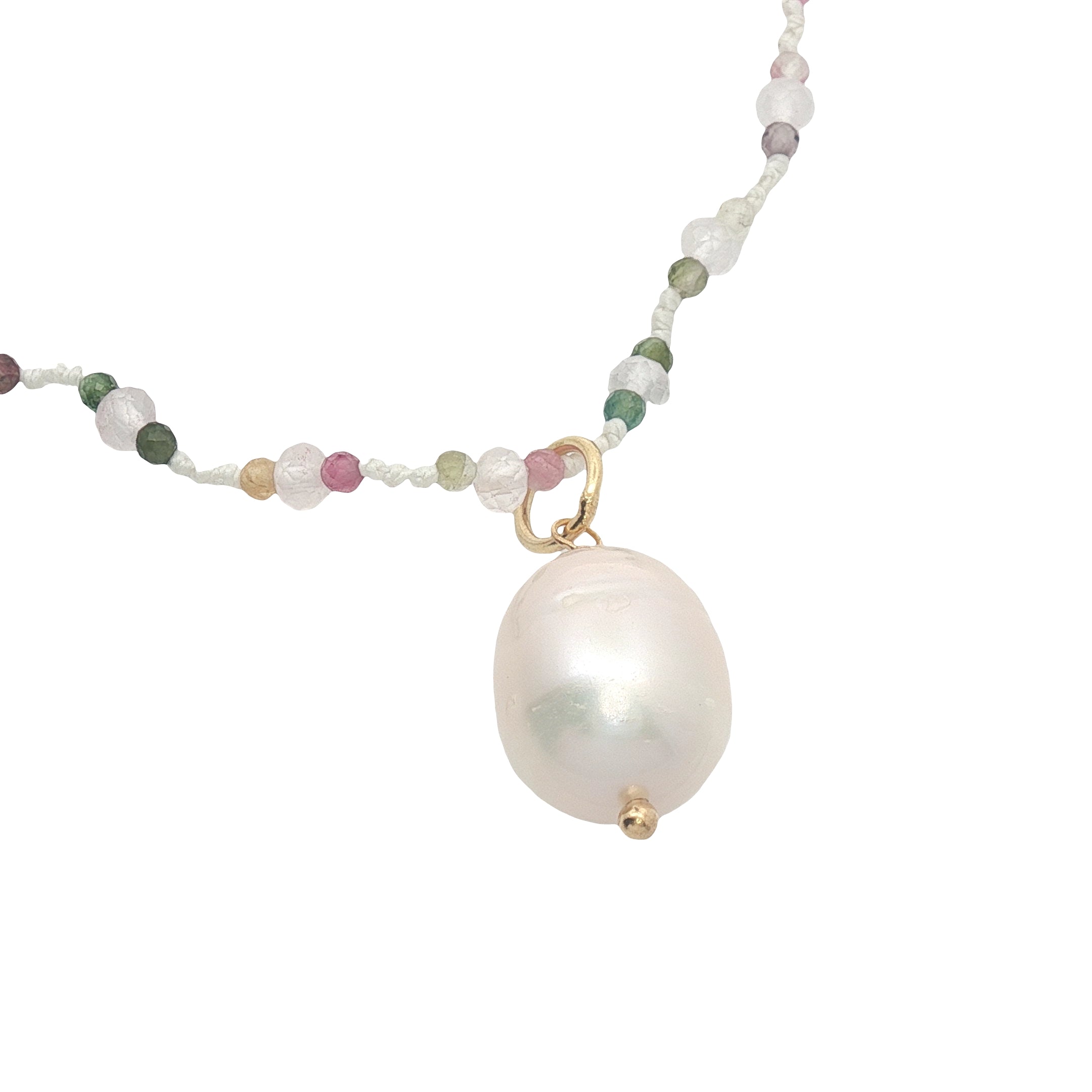 Collier doré perle de culture, tourmaline et quartz rose 60 cm