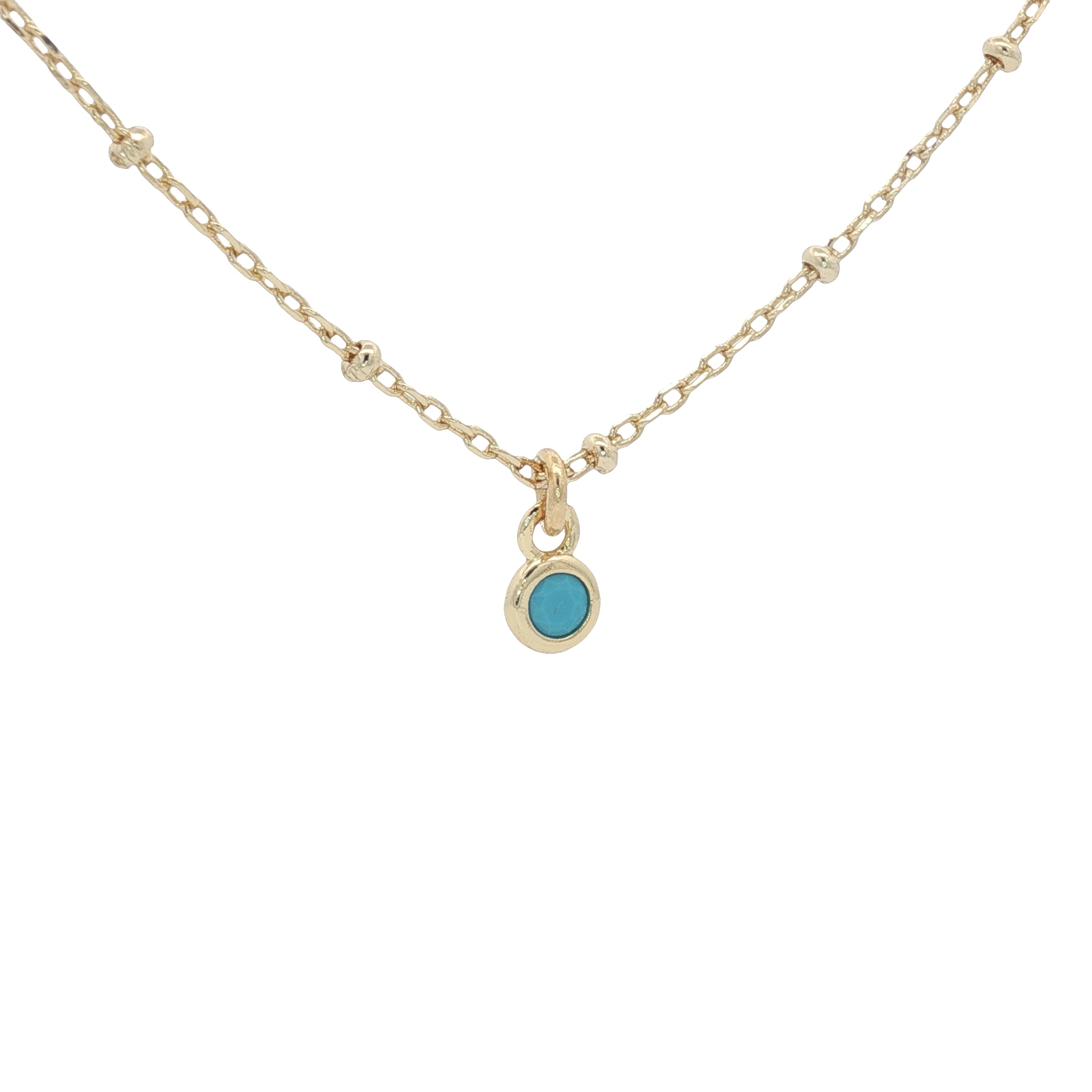 Collier doré délicat zircon turquoise serti clos 38 cm