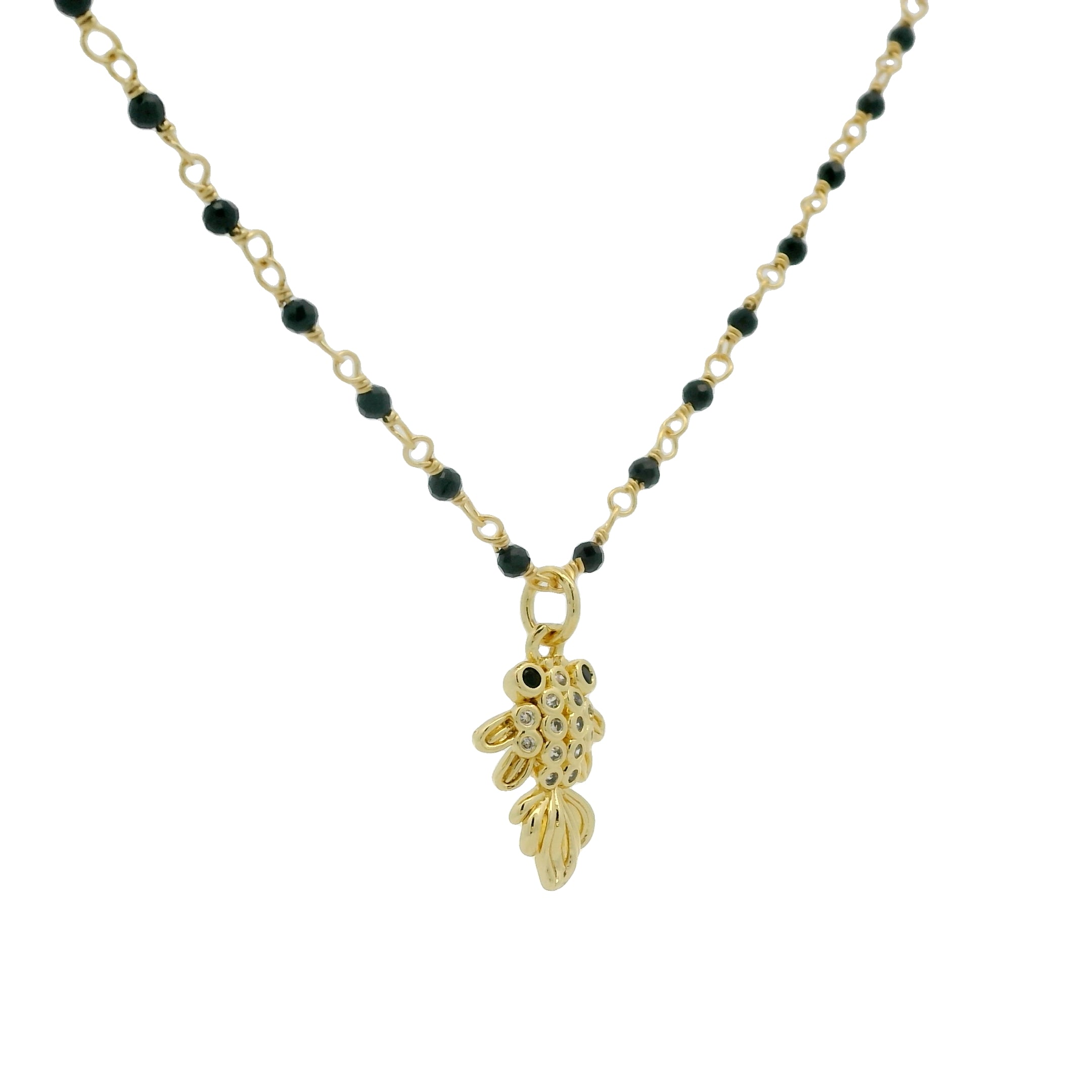 Collier doré onyx noire poisson zircons blancs et noirs 44cm