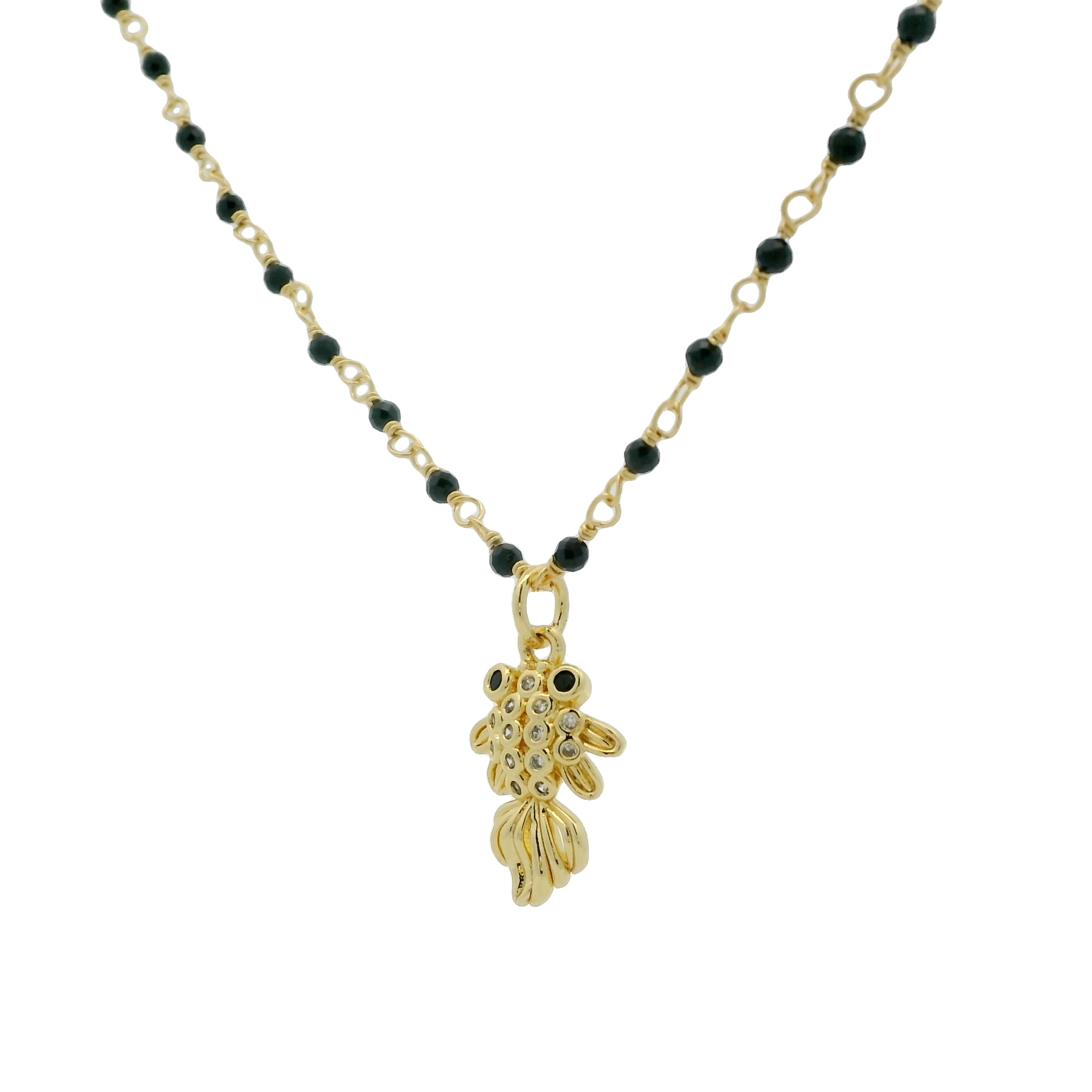Collier doré onyx noire poisson zircons blancs et noirs 44cm