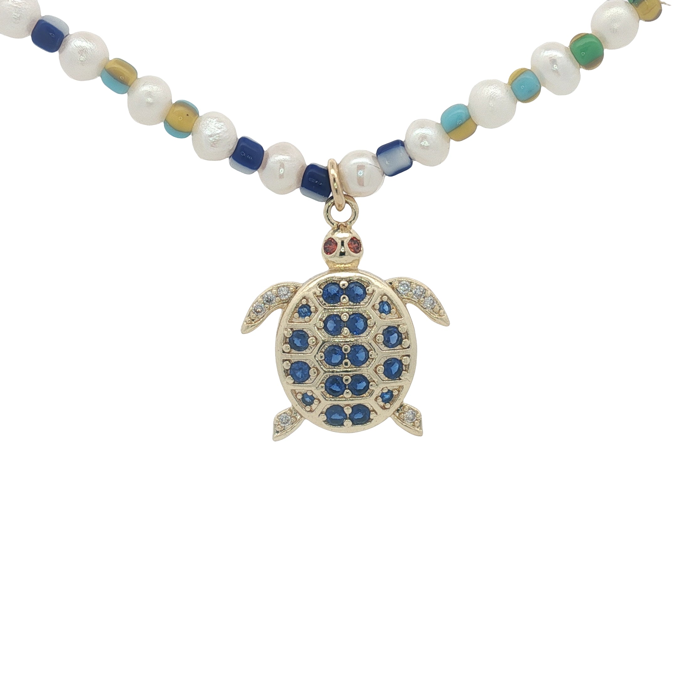 Collier tortue dorée avec zircons perles de culture et colorées 75 cm