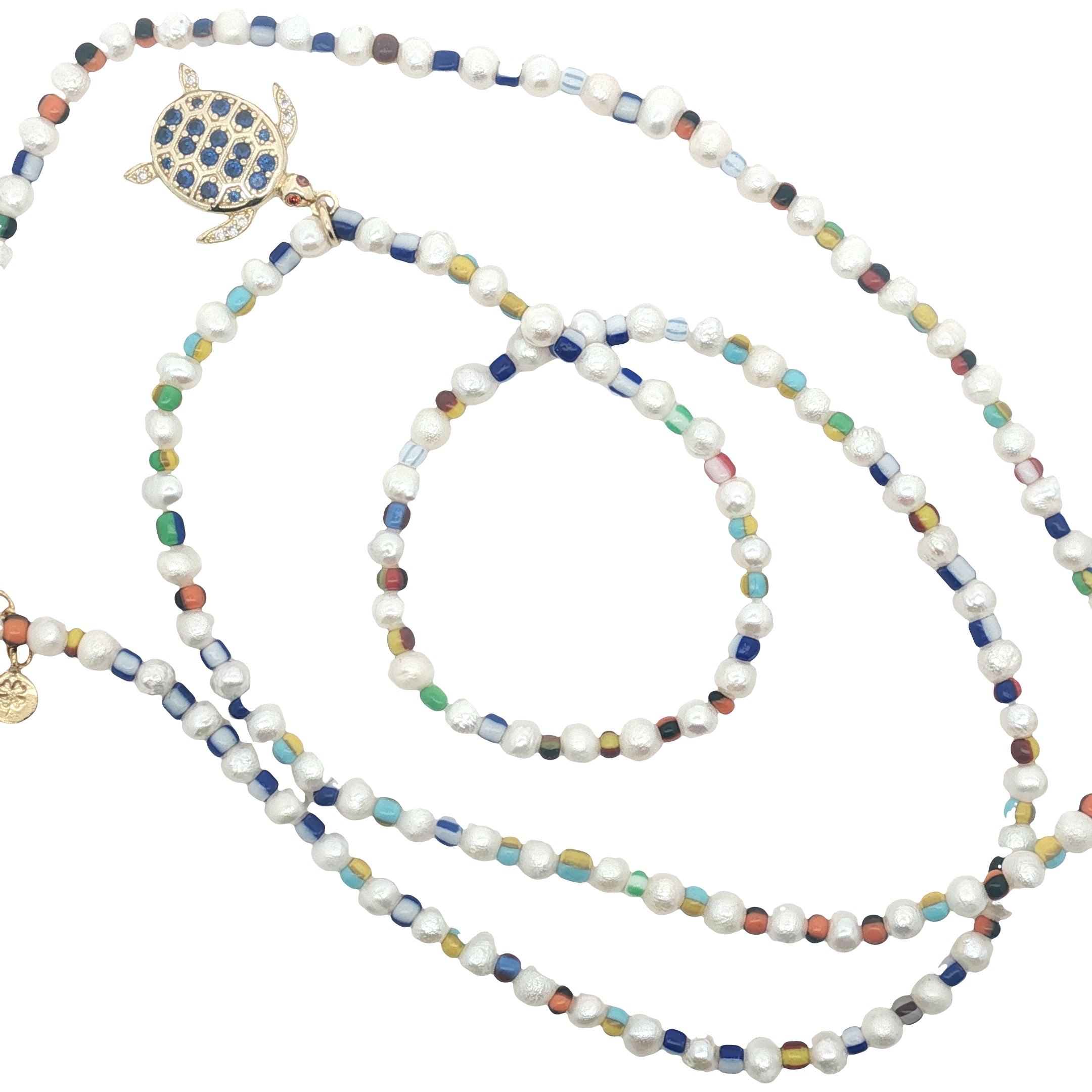 Collier tortue dorée avec zircons perles de culture et colorées 75 cm