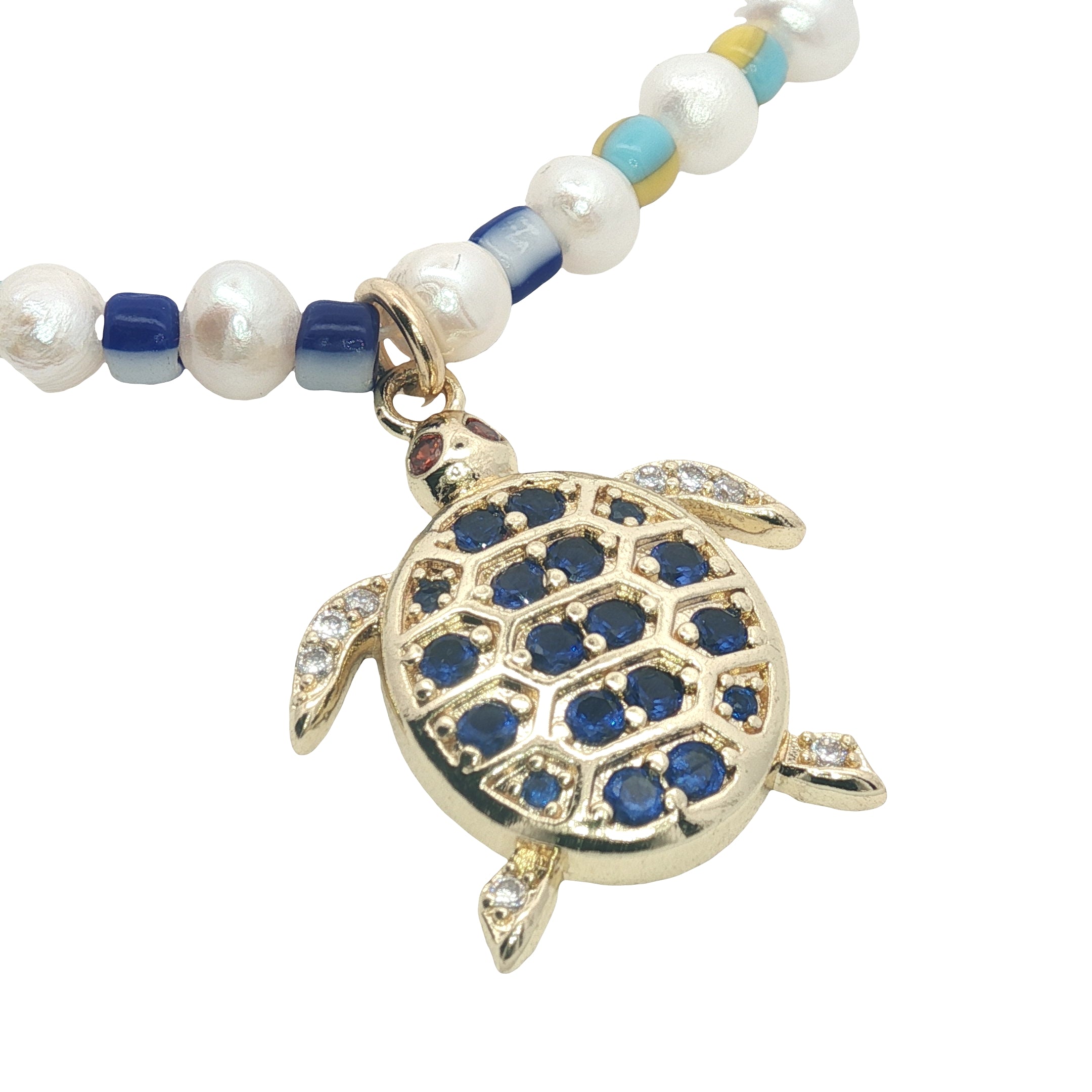 Collier tortue dorée avec zircons perles de culture et colorées 75 cm