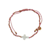 Bracelet cordon rose et doré avec croix en nacre