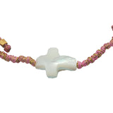 Bracelet cordon rose et doré avec croix en nacre