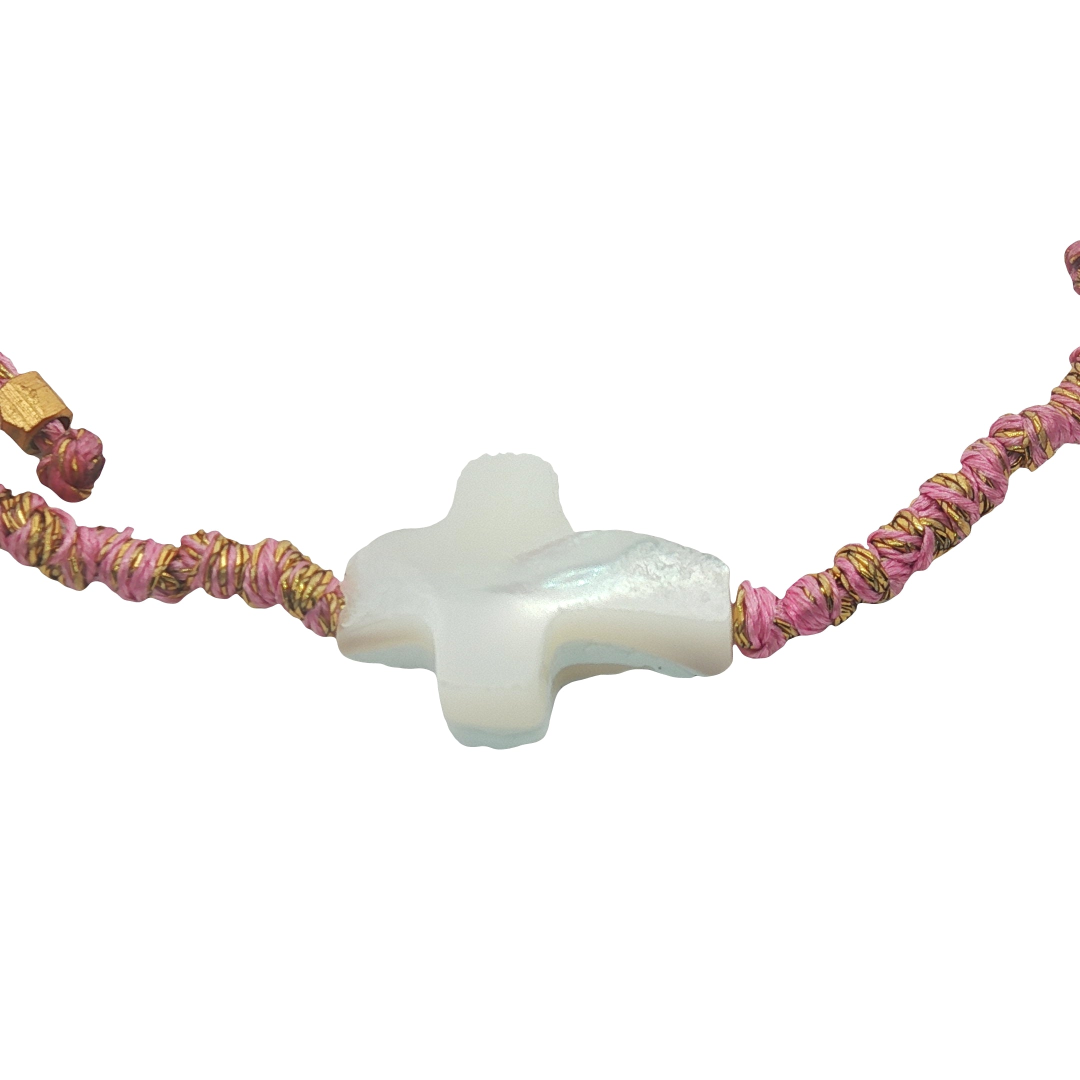 Bracelet cordon rose et doré avec croix en nacre