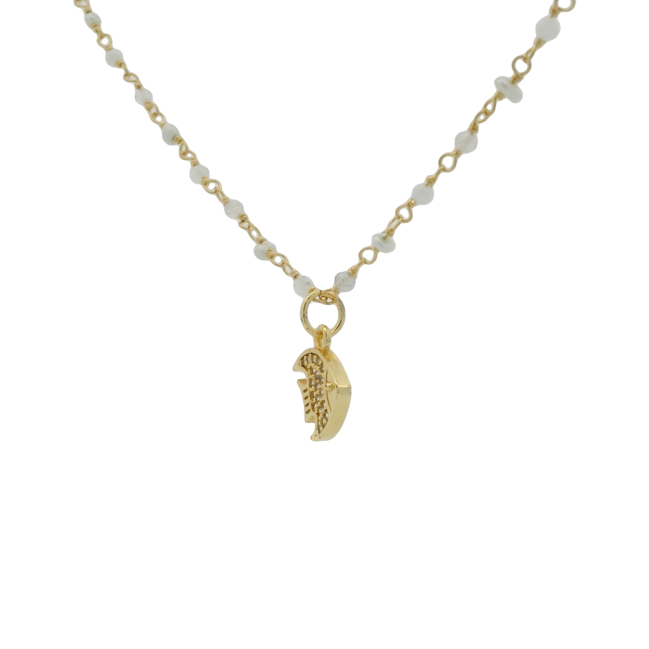 Collier rosary pierre de lune labradorite et poisson zircons 44 cm