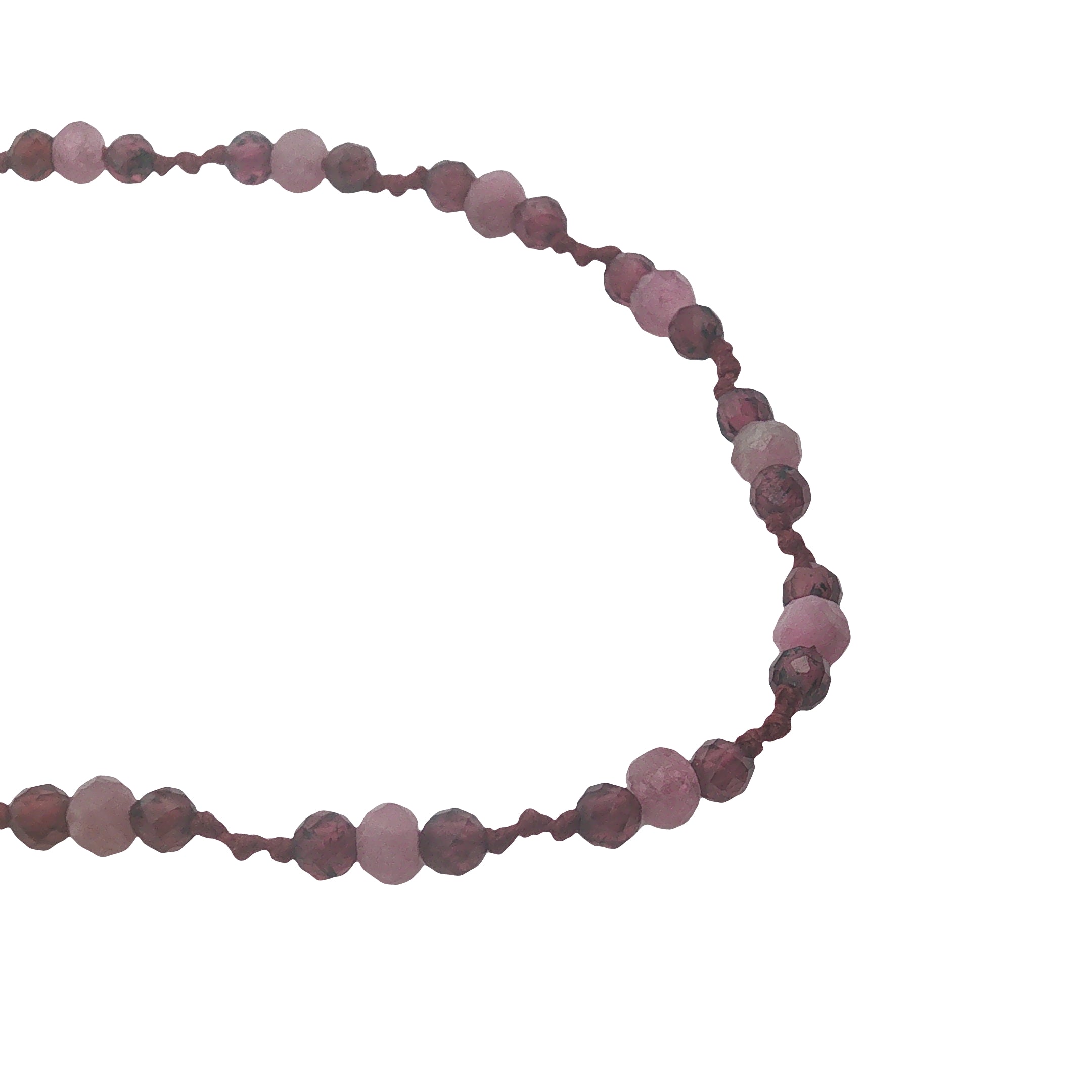 Collier doré cordon bordeaux avec grenat et tourmaline rose 60 cm