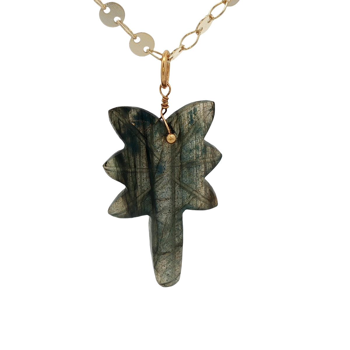 Collier doré palmier taillé dans la labradorite 60 cm