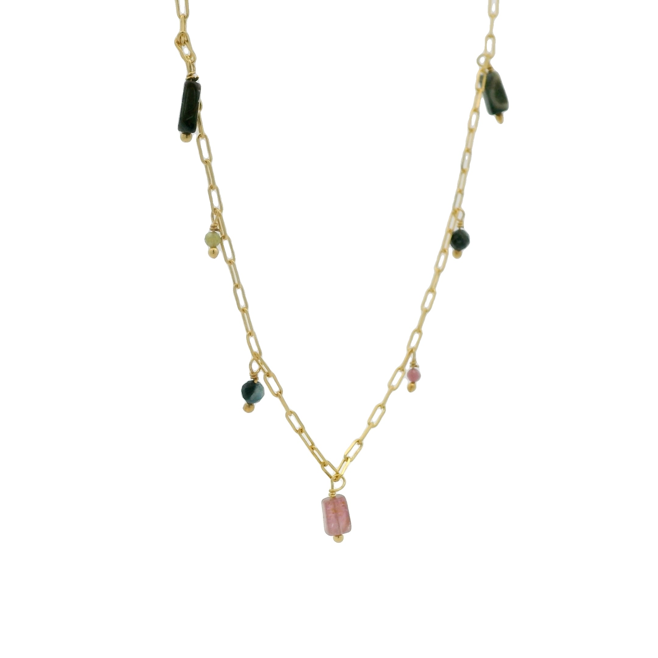 Collier doré maille rectangle pampilles tourmaline 46cm