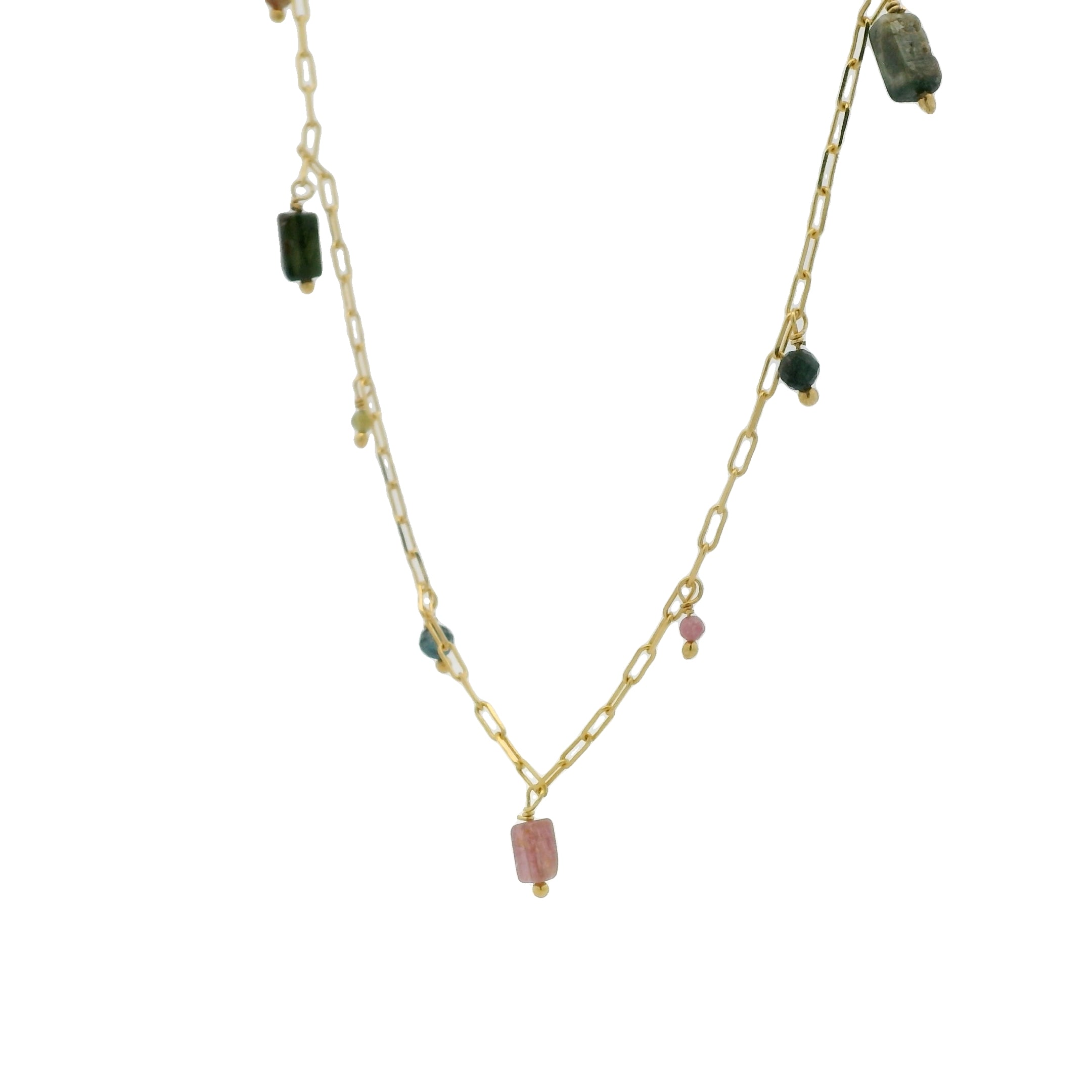 Collier doré maille rectangle pampilles tourmaline 46cm