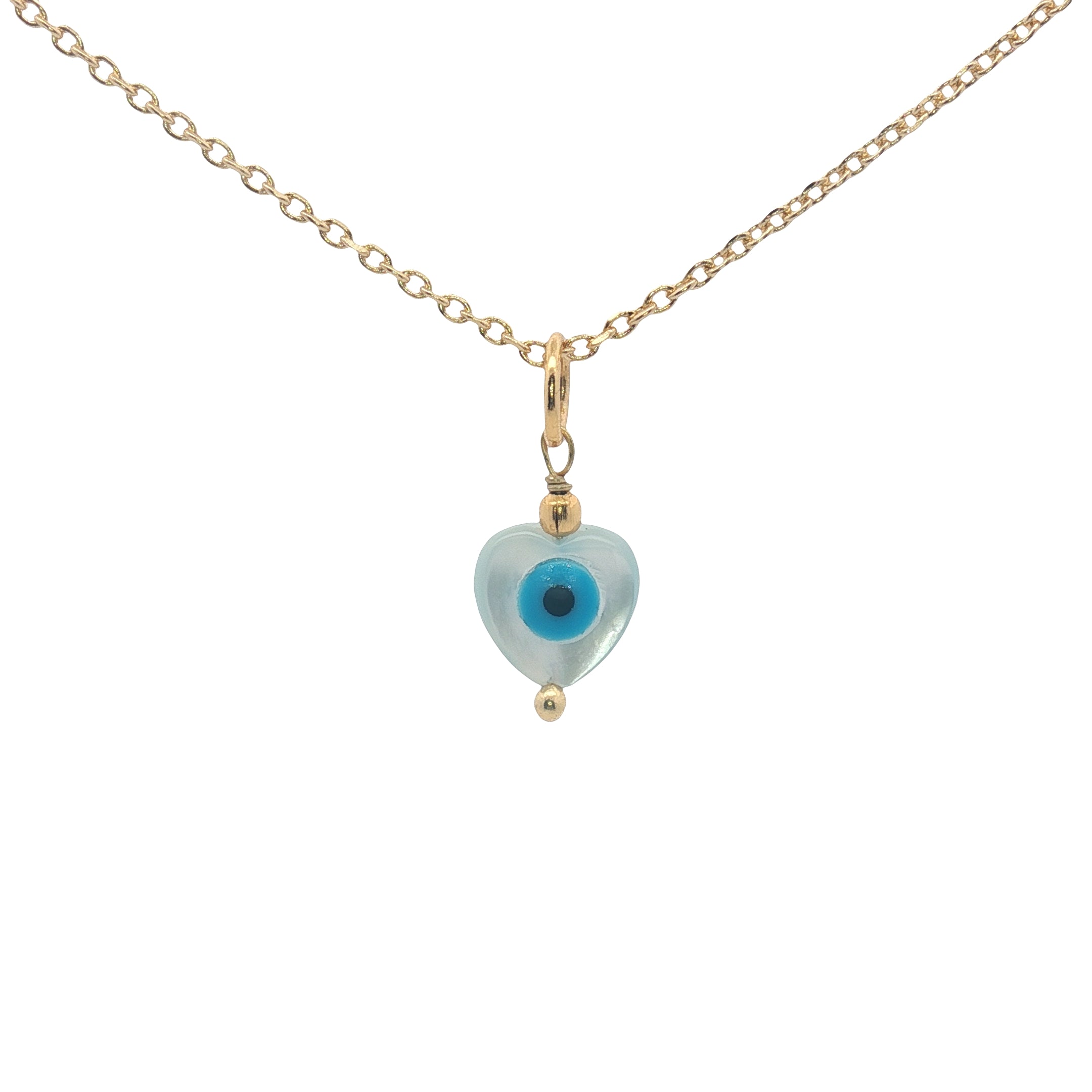 Collier doré coeur en nacre avec oeil et perle dorée 42 cm