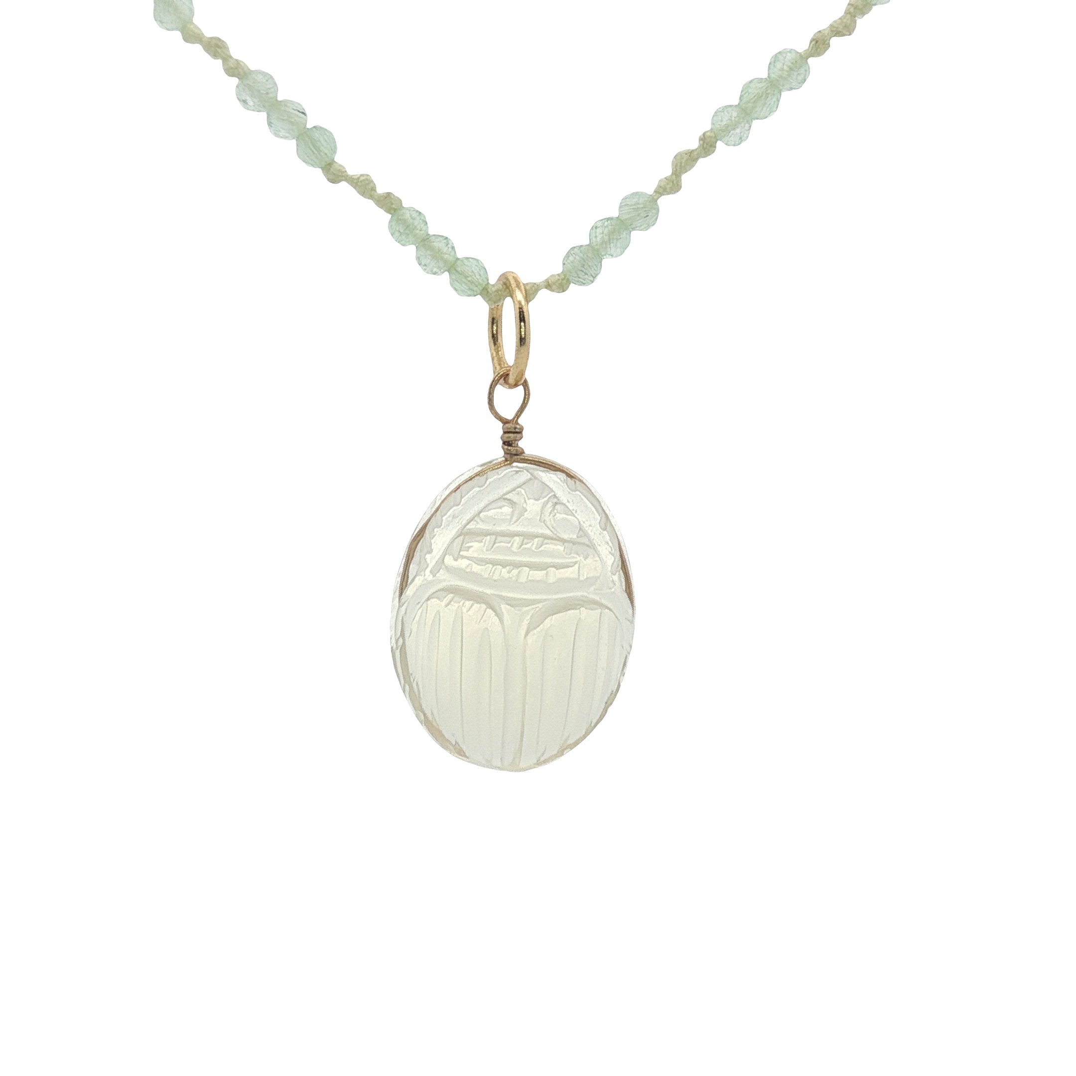 Collier doré prehnite scarabée taillé dans quartz citron 60 cm
