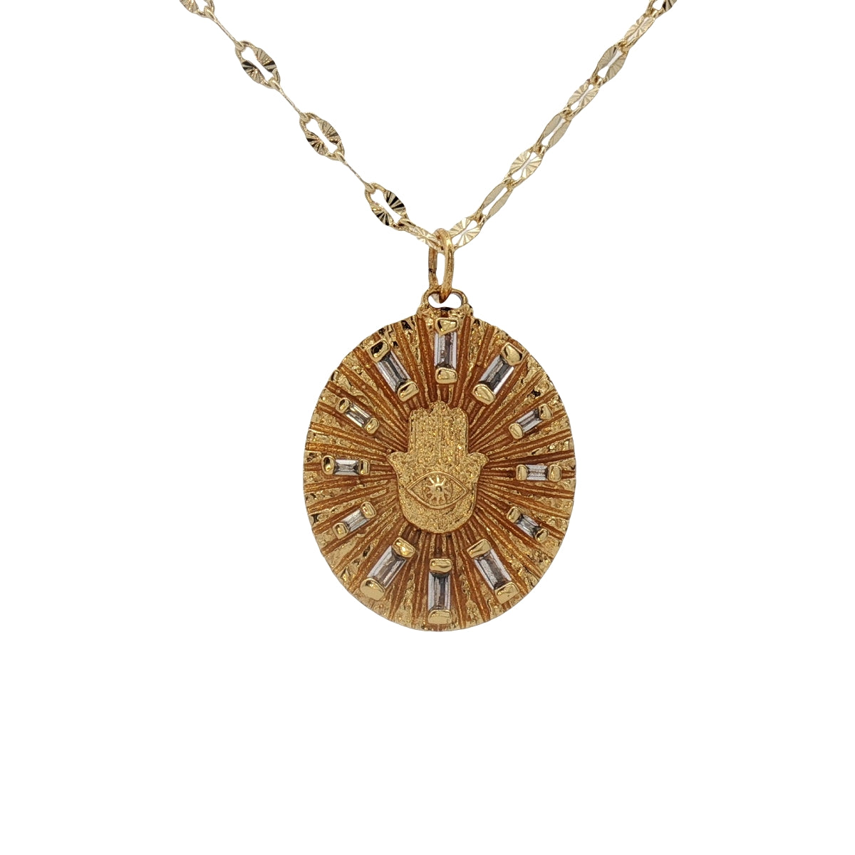 Collier doré médaille main de Fatma et zircons baguette 50 cm