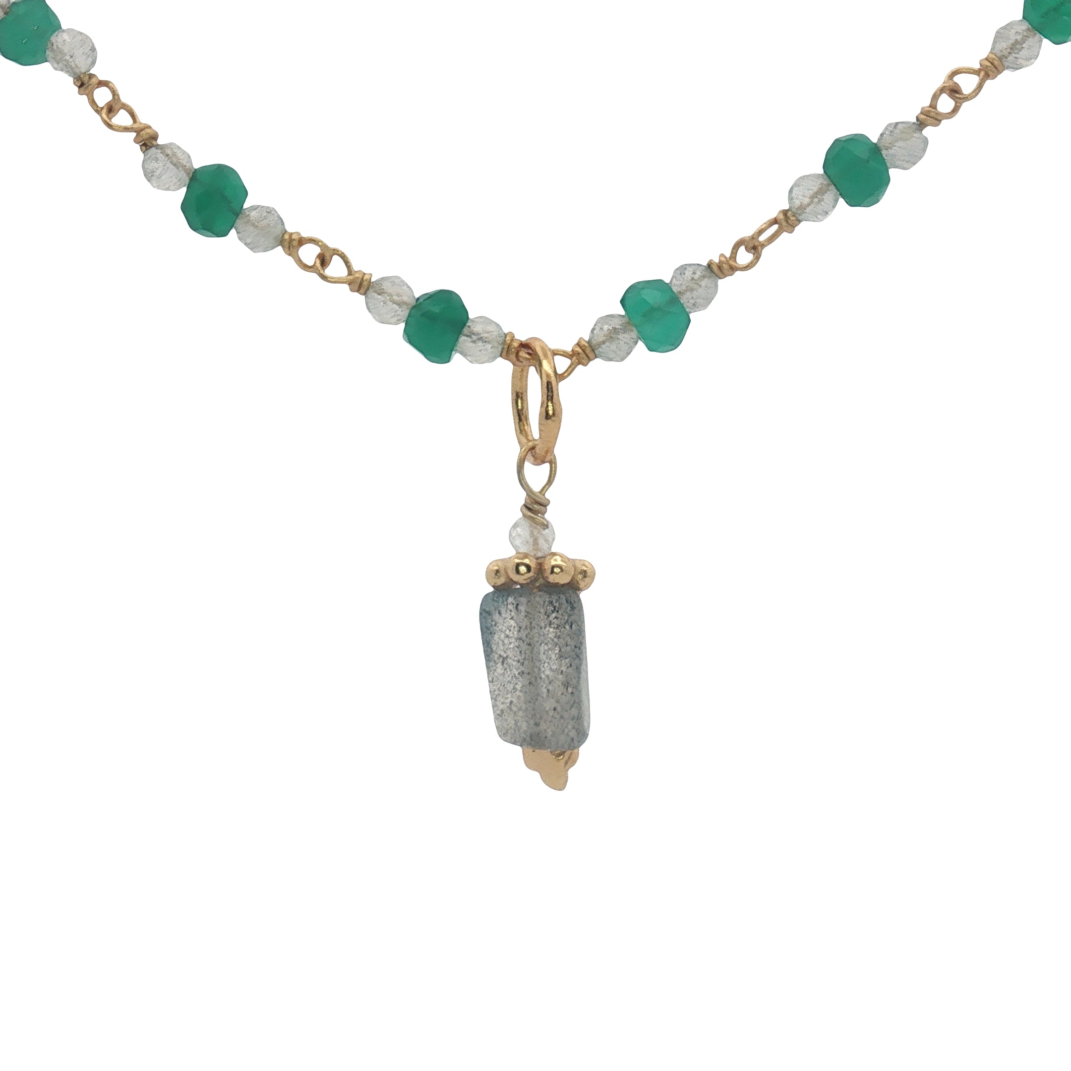 Collier doré onyx verte, prehnite, labradorite et pierre de lune 50 cm