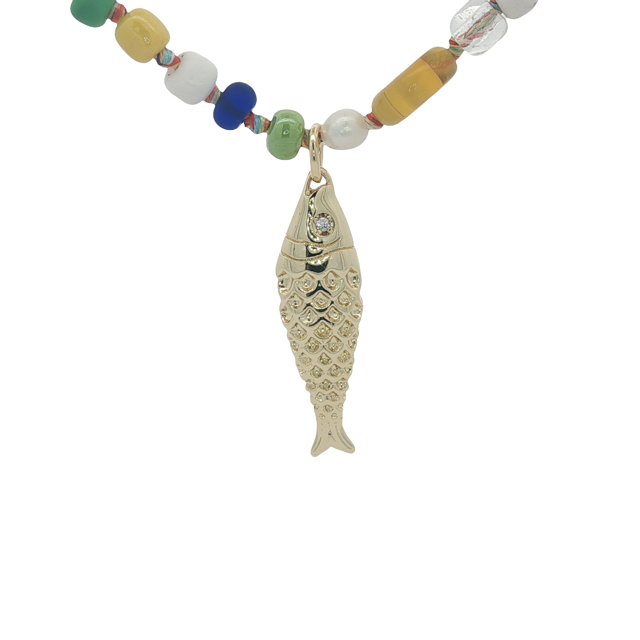 Collier poisson doré perles colorées, perles de culture et perles oeil 75 cm