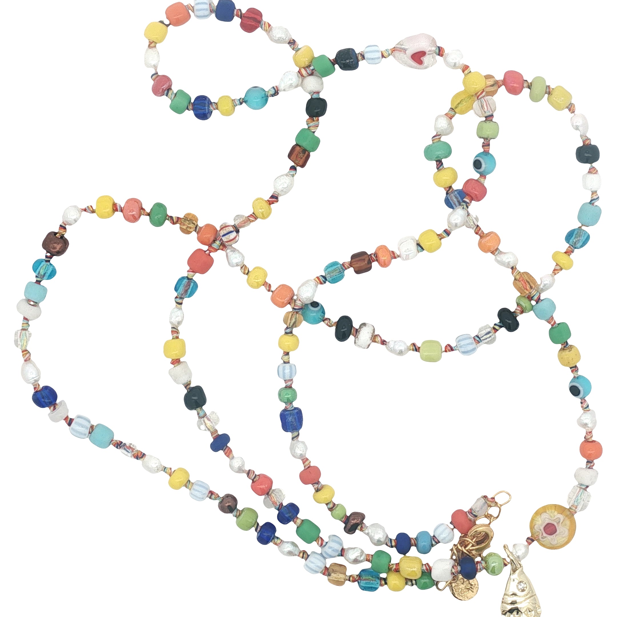 Collier poisson doré perles colorées, perles de culture et perles oeil 75 cm