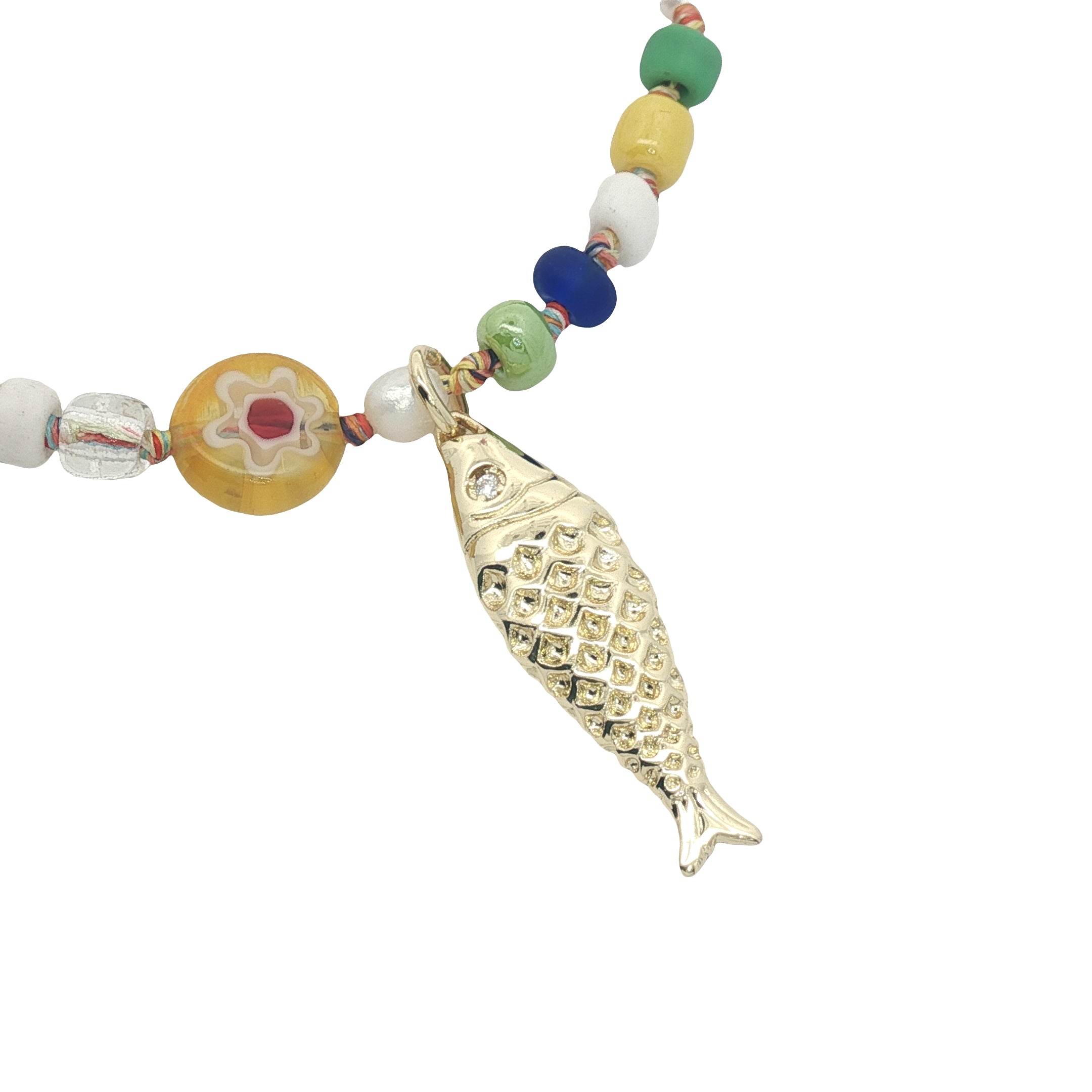 Collier poisson doré perles colorées, perles de culture et perles oeil 75 cm