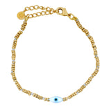 Gold pearl chain bracelet with mother-of-pearl and talismans
