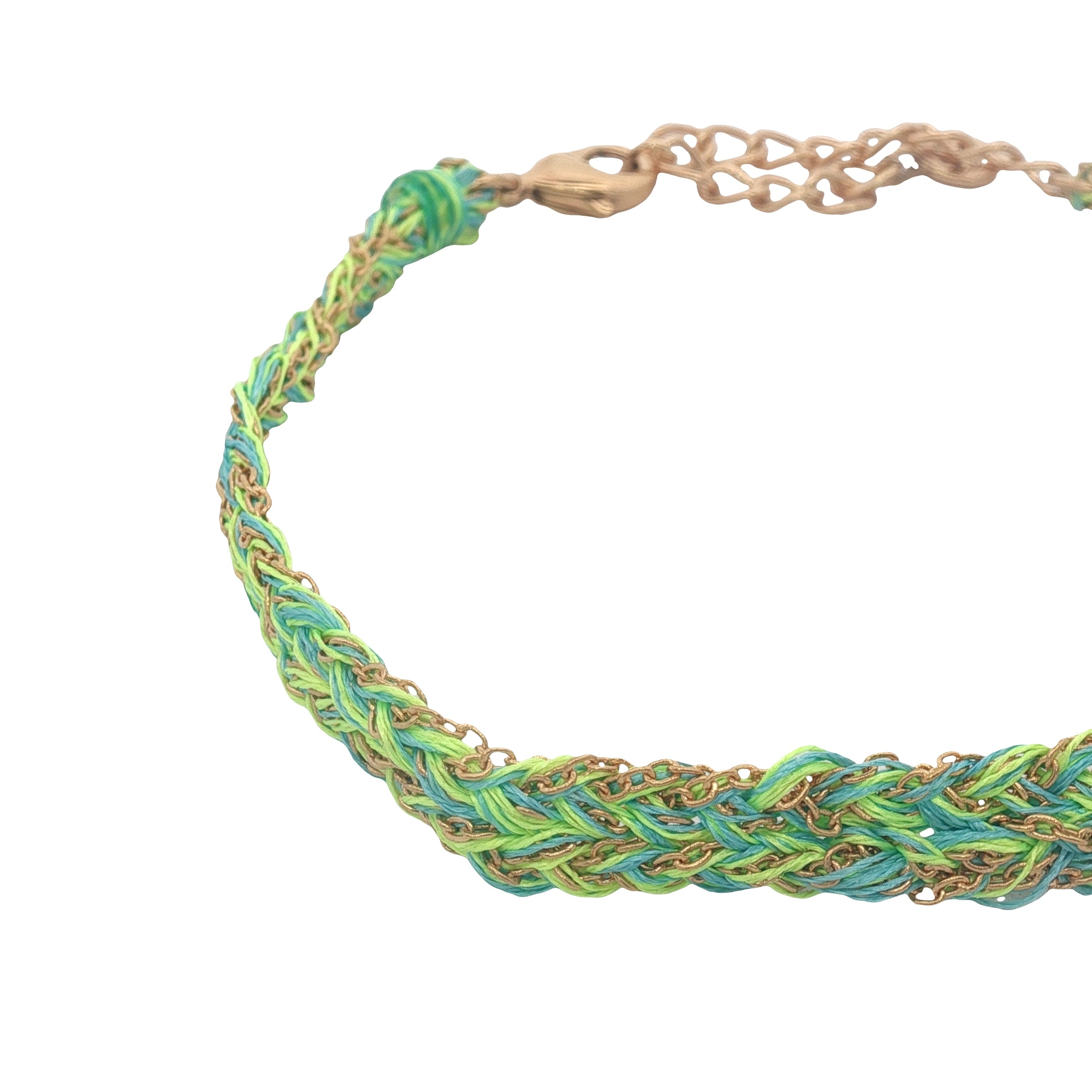 Bracelet brésilien doré cordon vert et turquoise chaine dorée GM