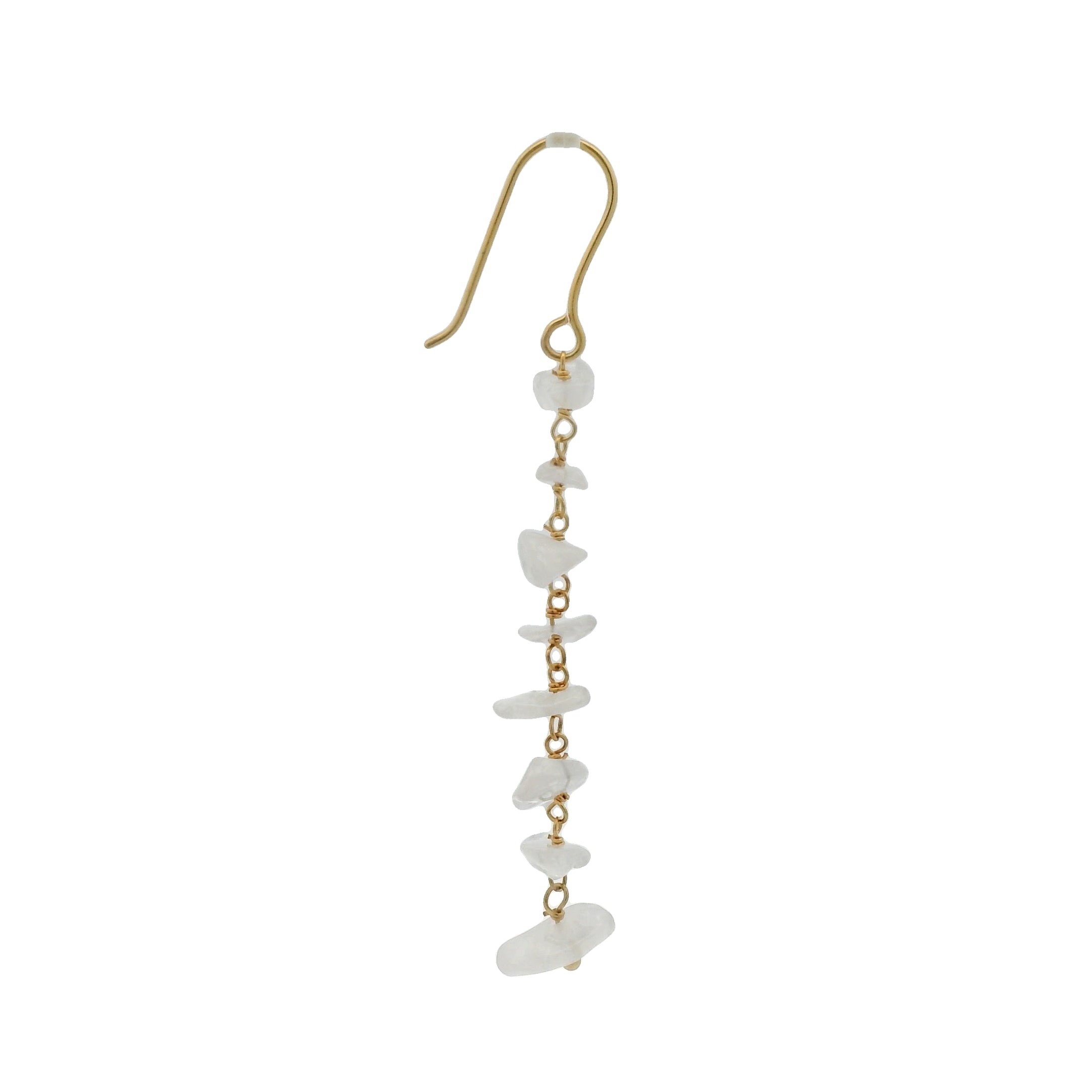Boucles d'oreilles dorées pendantes avec quartz rose taillée brut