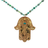 Collier doré main de Fatma avec turquoise et perles vertes 75 cm