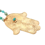 Collier doré main de Fatma avec turquoise et perles vertes 75 cm