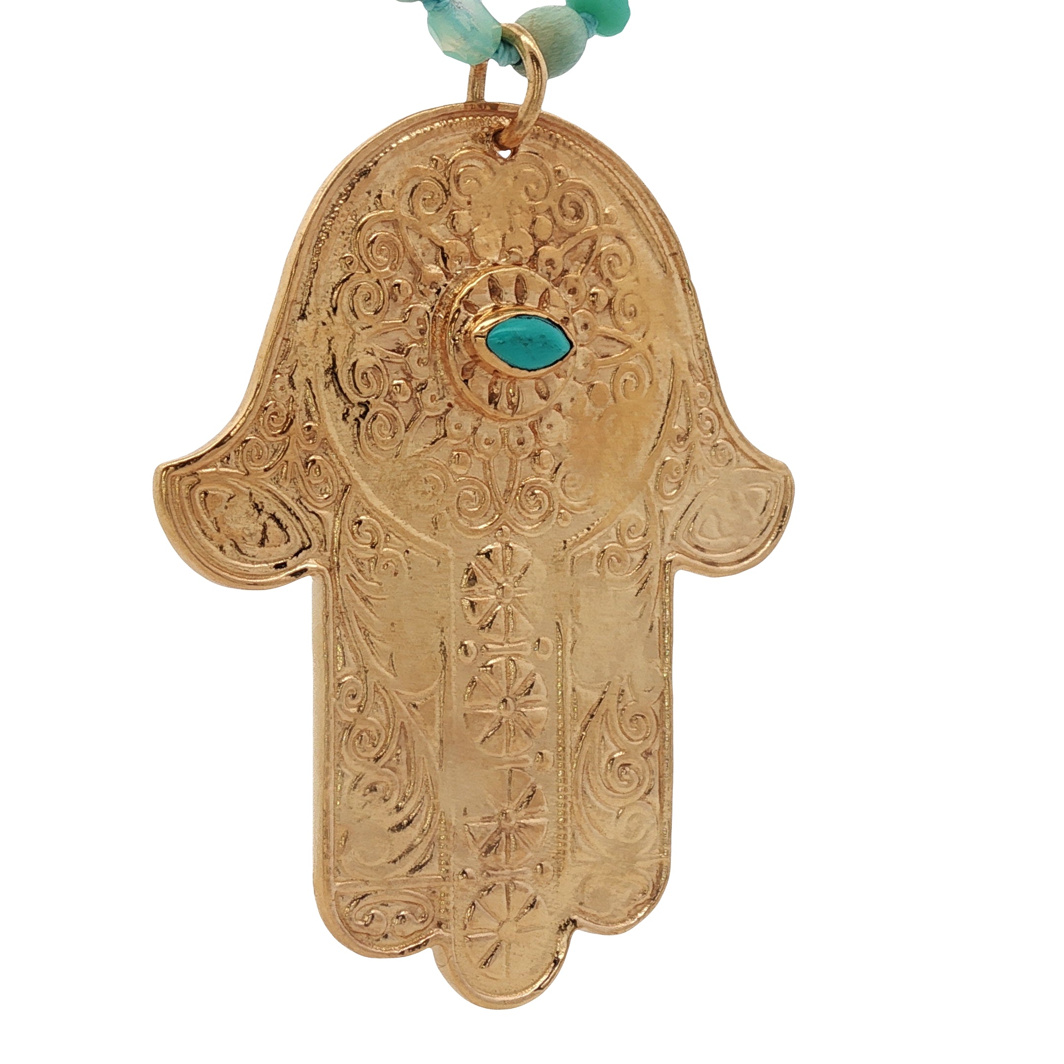 Collier doré main de Fatma avec turquoise et perles vertes 75 cm
