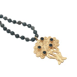 Collier arbre de vie doré onyx noire avec perles grises 75 cm