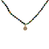 Collier doré perles multicolores médaille zircons 38 cm