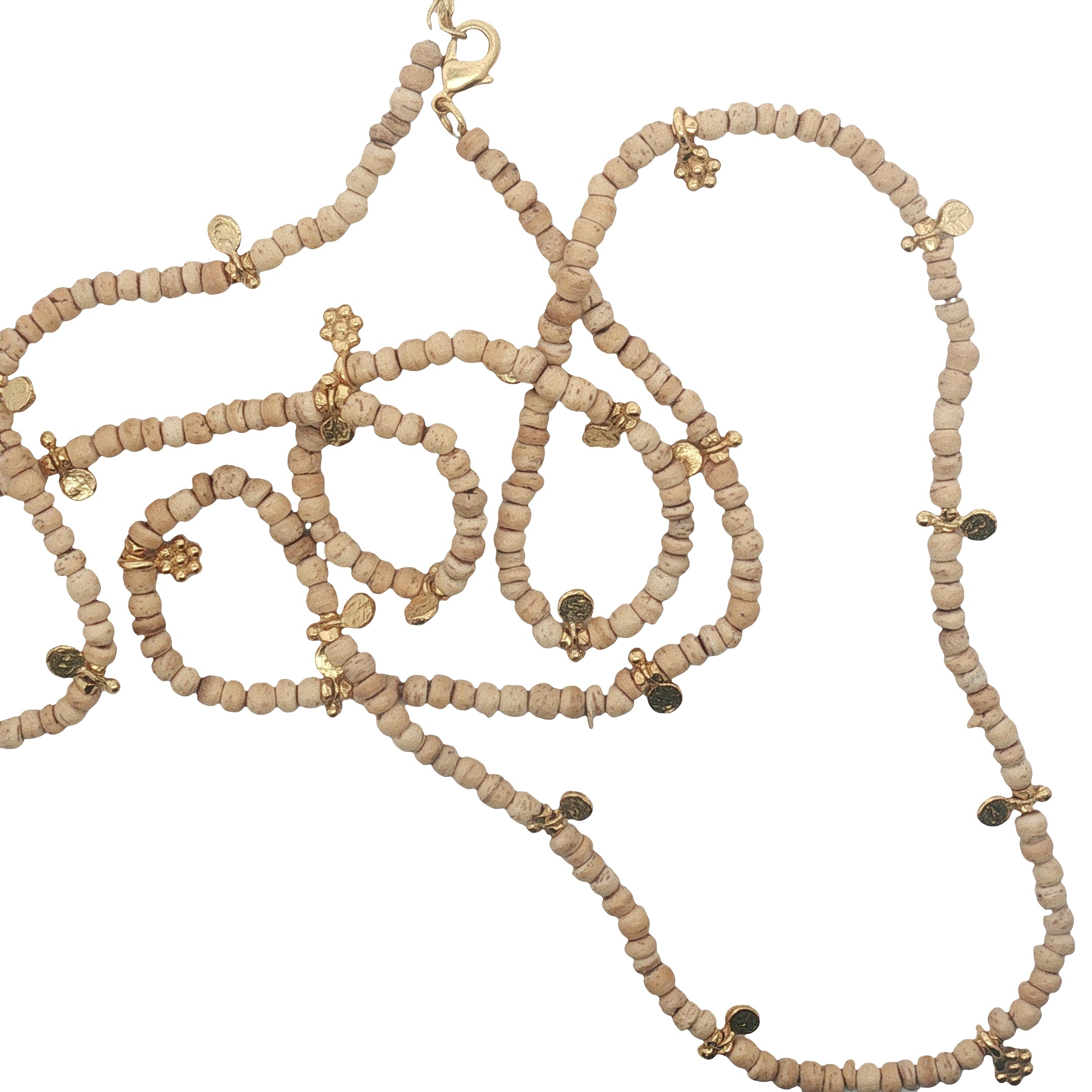 Collier doré perles en bois beige, pampilles rondes et en forme de fleur 75 cm
