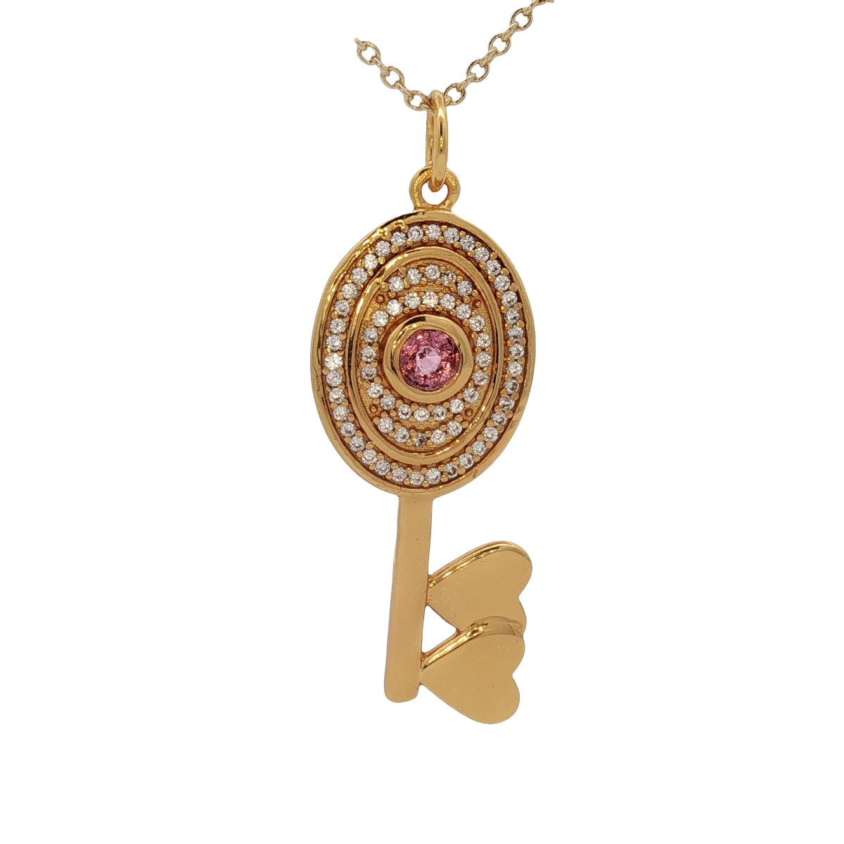 Collier doré clé tourmaline rose zircons 50 cm