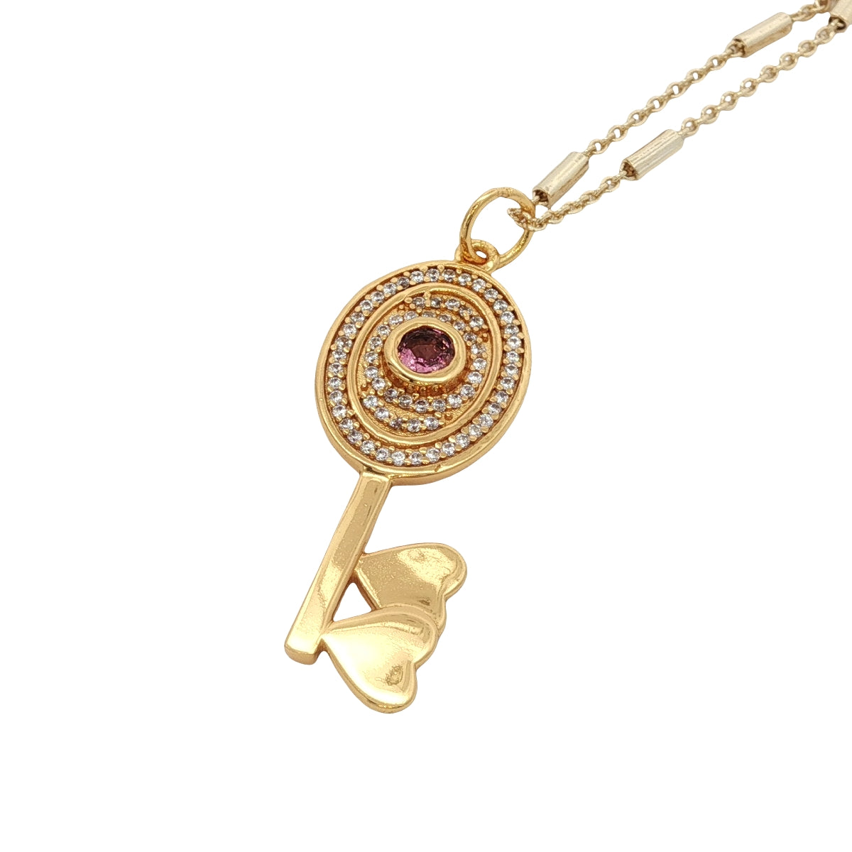 Collier doré clé tourmaline rose zircons 50 cm