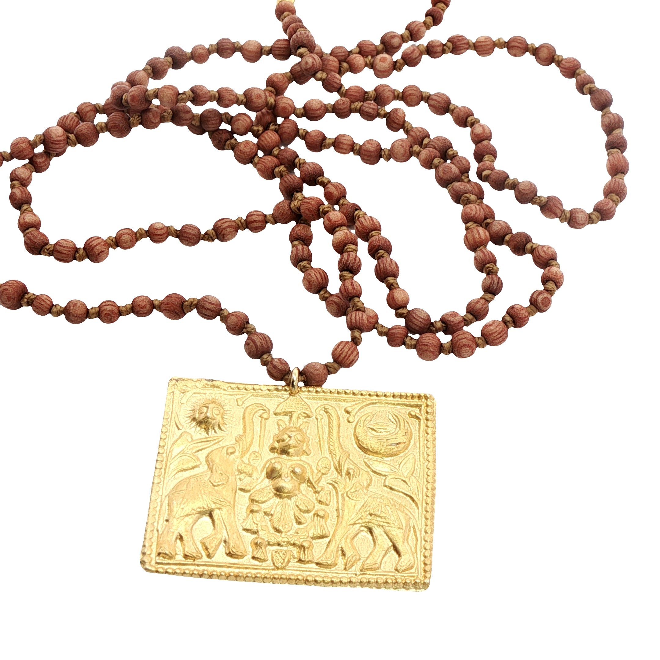 Collier perles de bois plaque mate divinité indienne 75 cm