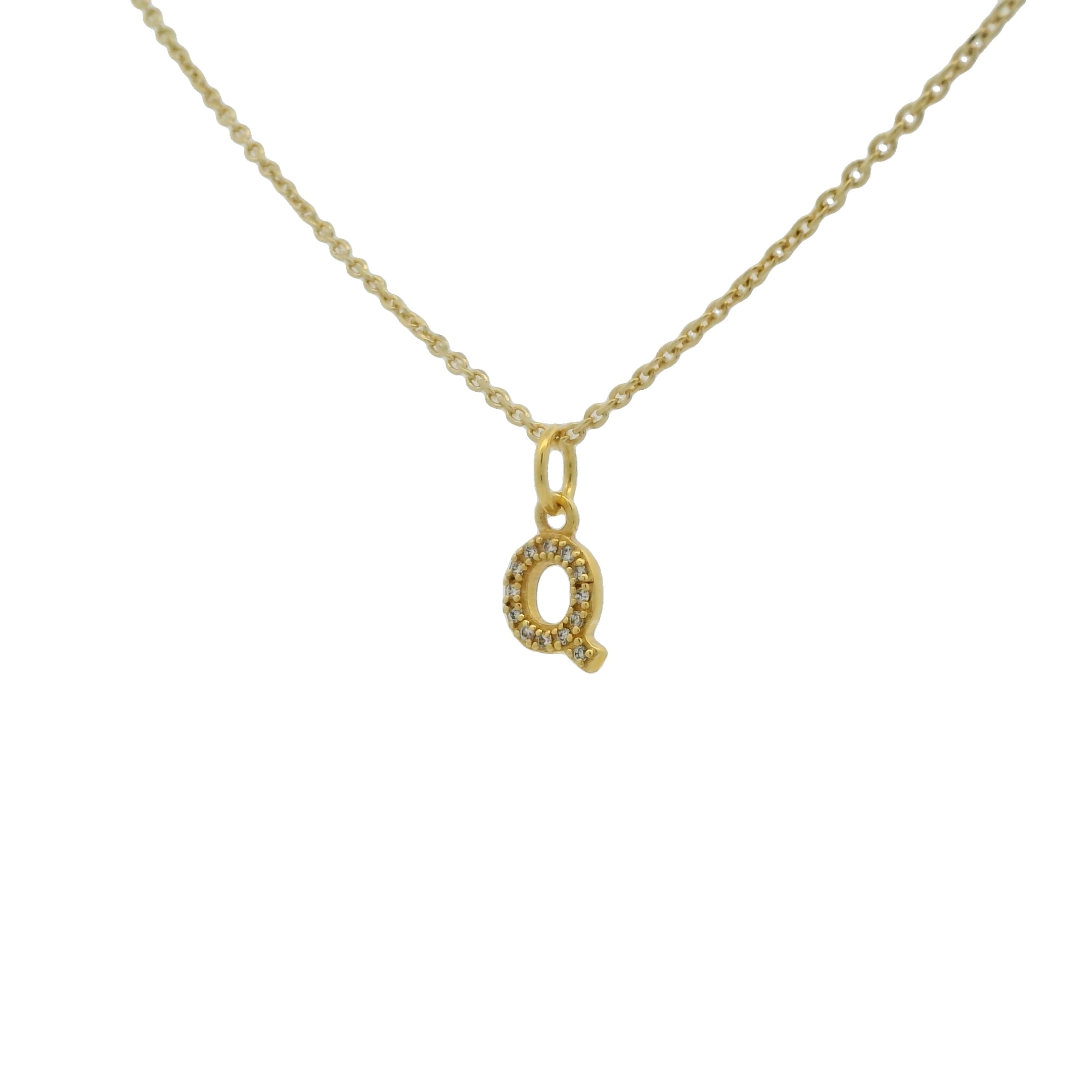 Collier doré petite lettre Q avec zircons blancs 42 cm