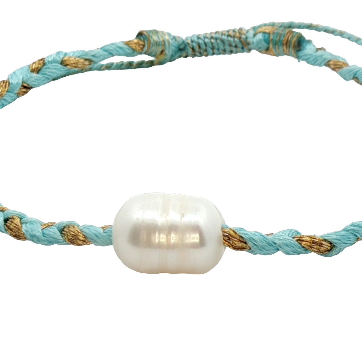 Bracelet doré cordon turquoise et doré avec perle de culture