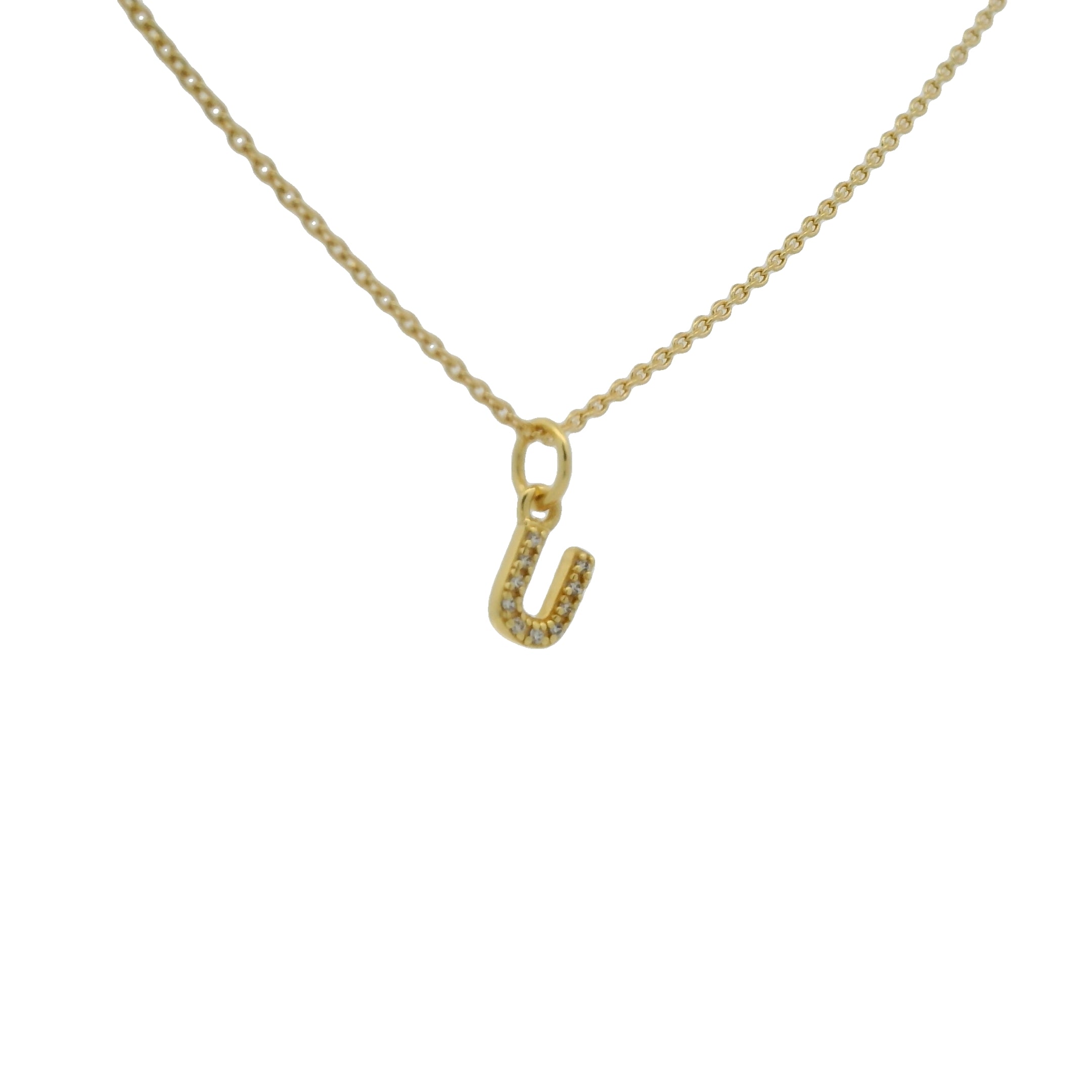Collier doré petite lettre U avec zircons blancs 42 cm