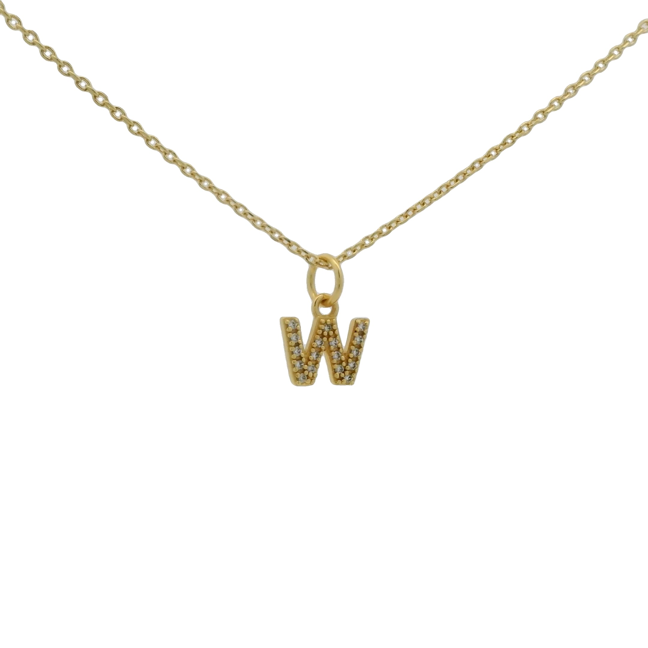 Collier doré petite lettre "W" et zircons blancs 42 cm