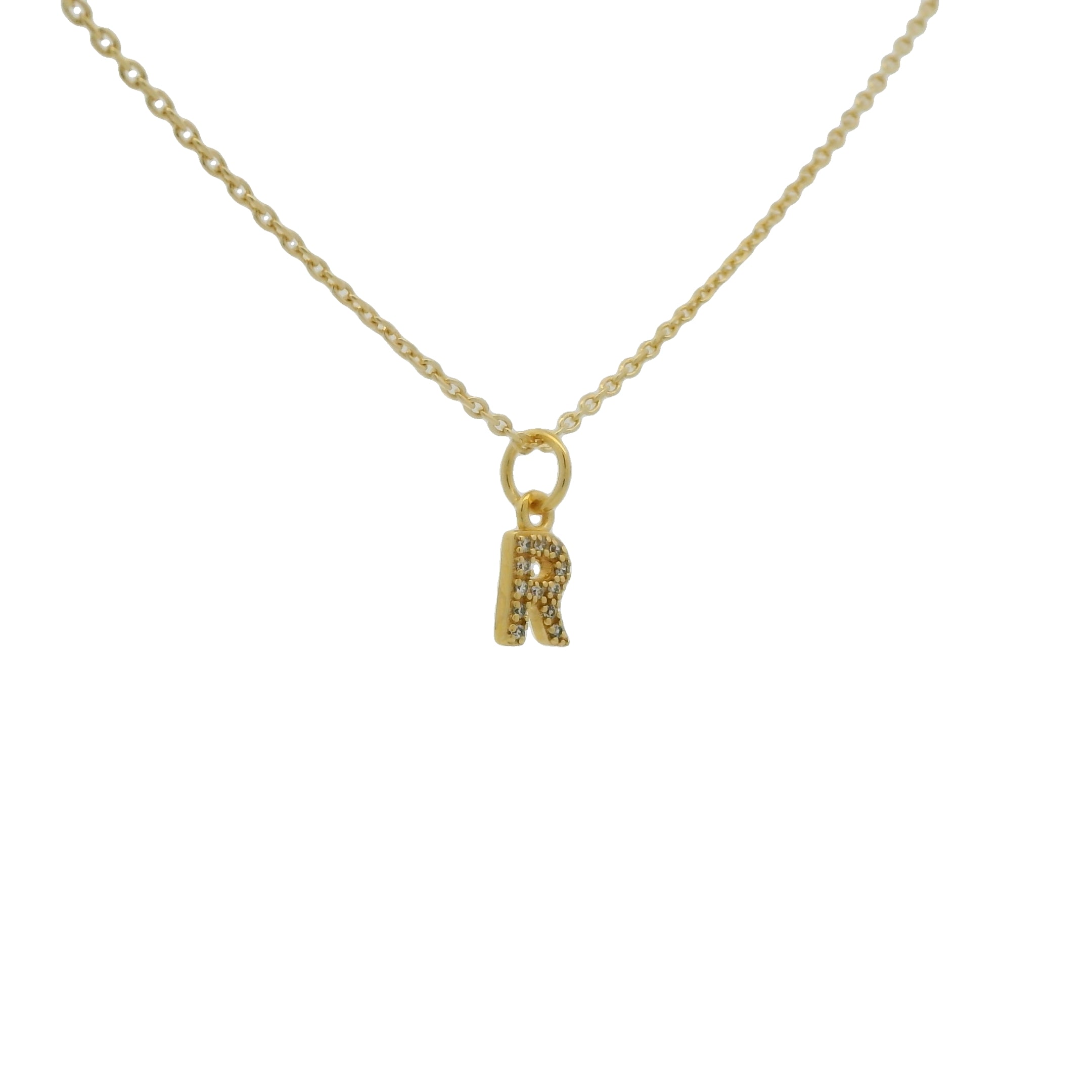 Collier doré petite lettre "R" et zircons blancs 42 cm