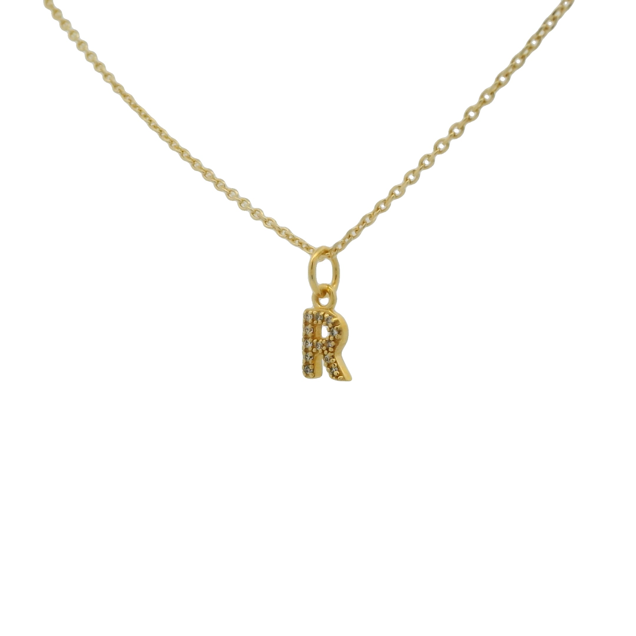 Collier doré petite lettre "R" et zircons blancs 42 cm