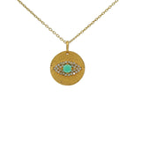 Collier doré médaille oeil, pierre onyx verte et zircons 42 cm