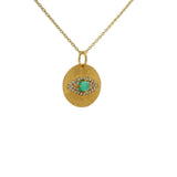 Collier doré médaille oeil, pierre onyx verte et zircons 42 cm