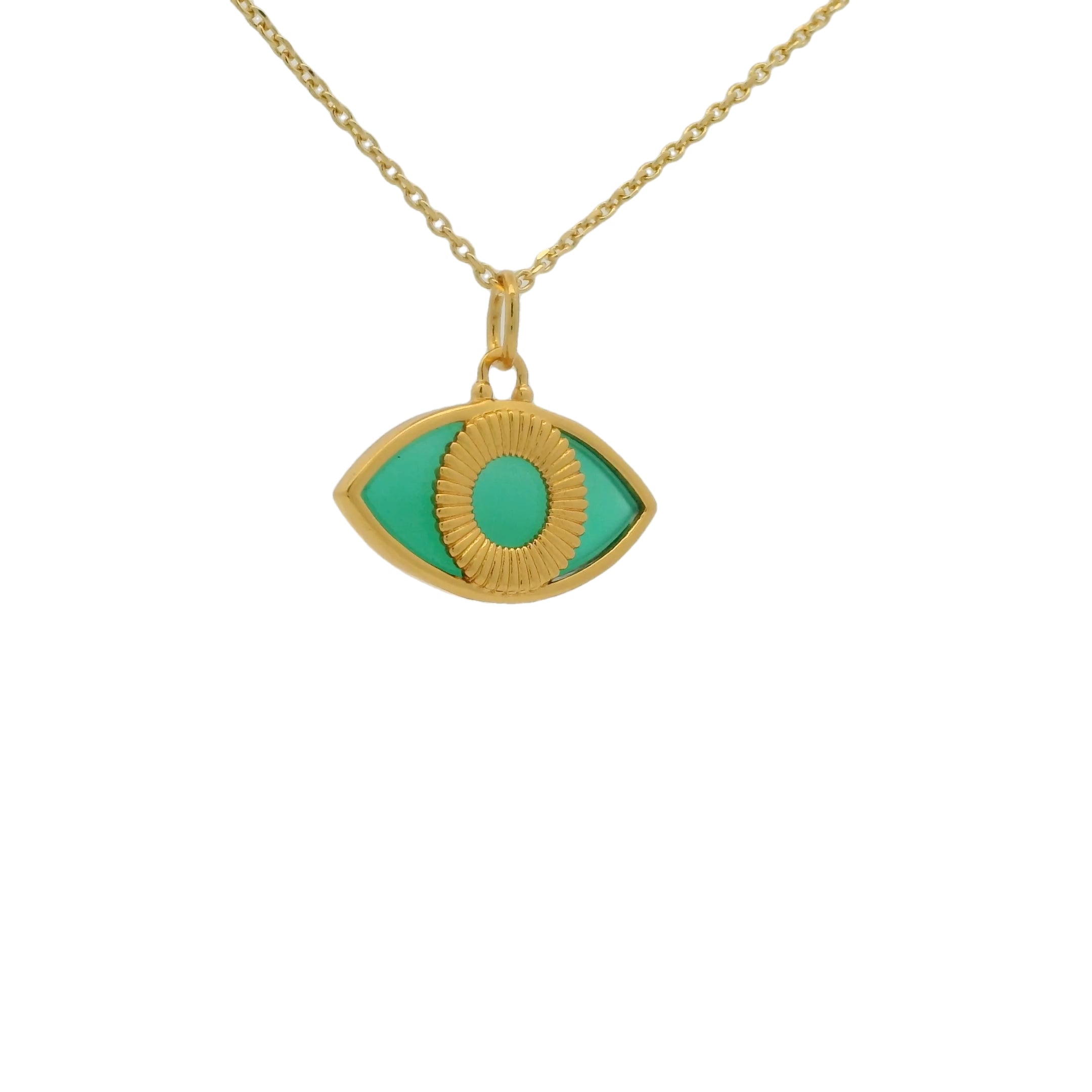 Collier doré oeil ovale en pierre naturelle onyx verte 42 cm