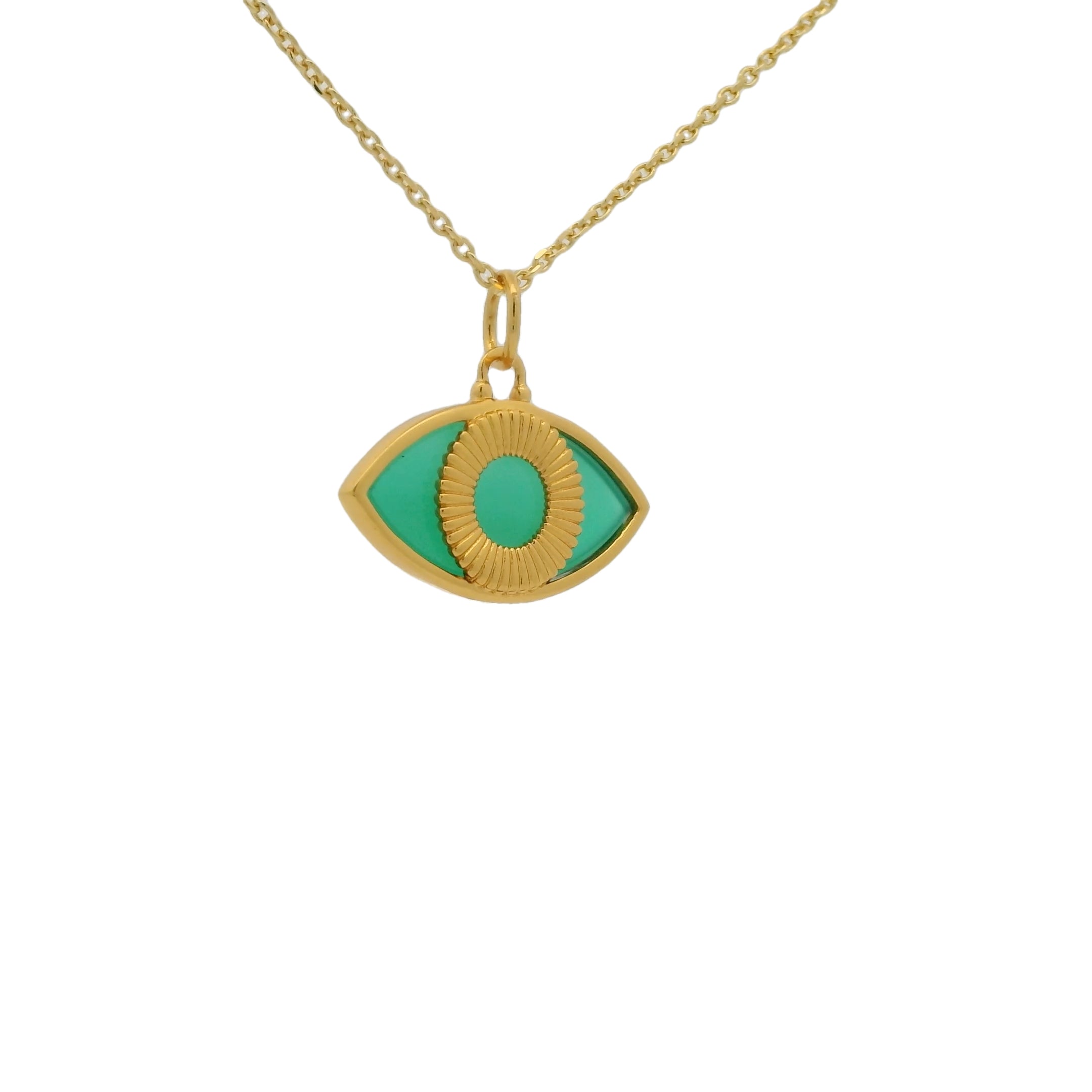 Collier doré oeil ovale en pierre naturelle onyx verte 42 cm