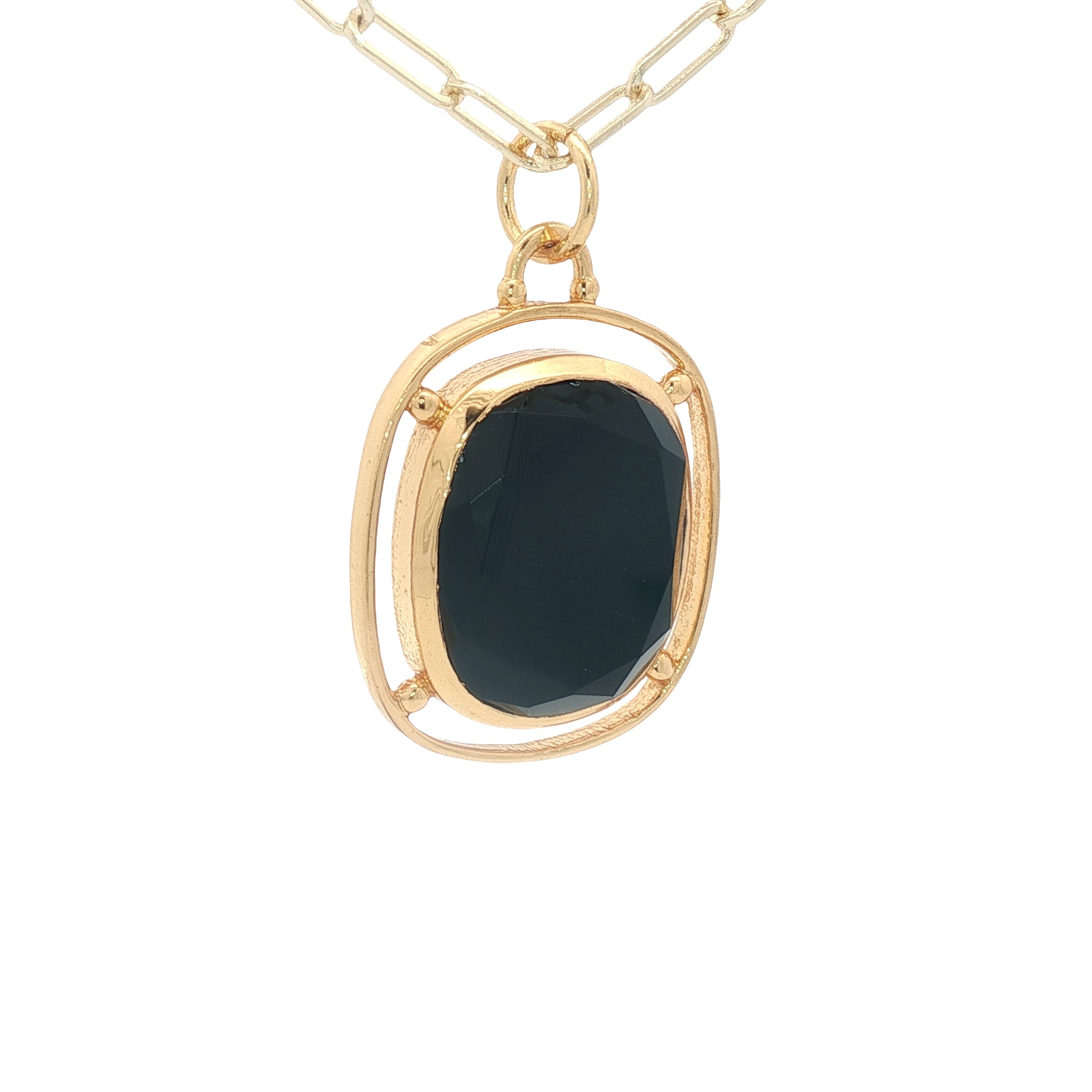 Collier doré médaillon ovale ajouré avec onyx noire 50 cm
