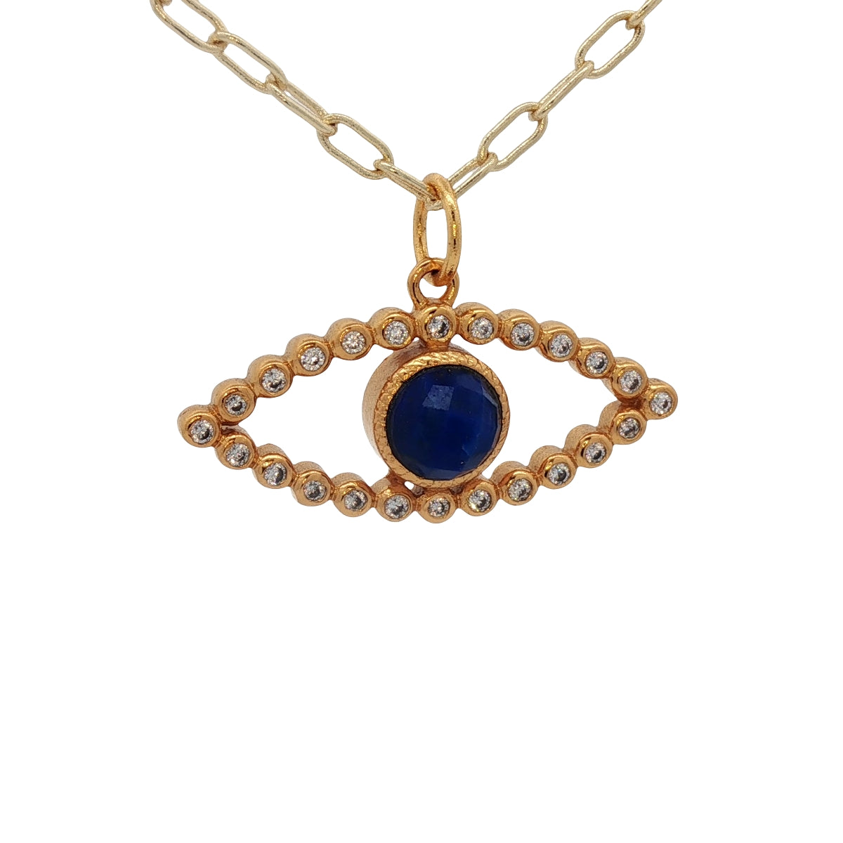 Collier doré Oeil ajouré lapis lazulis et zircons 42 cm