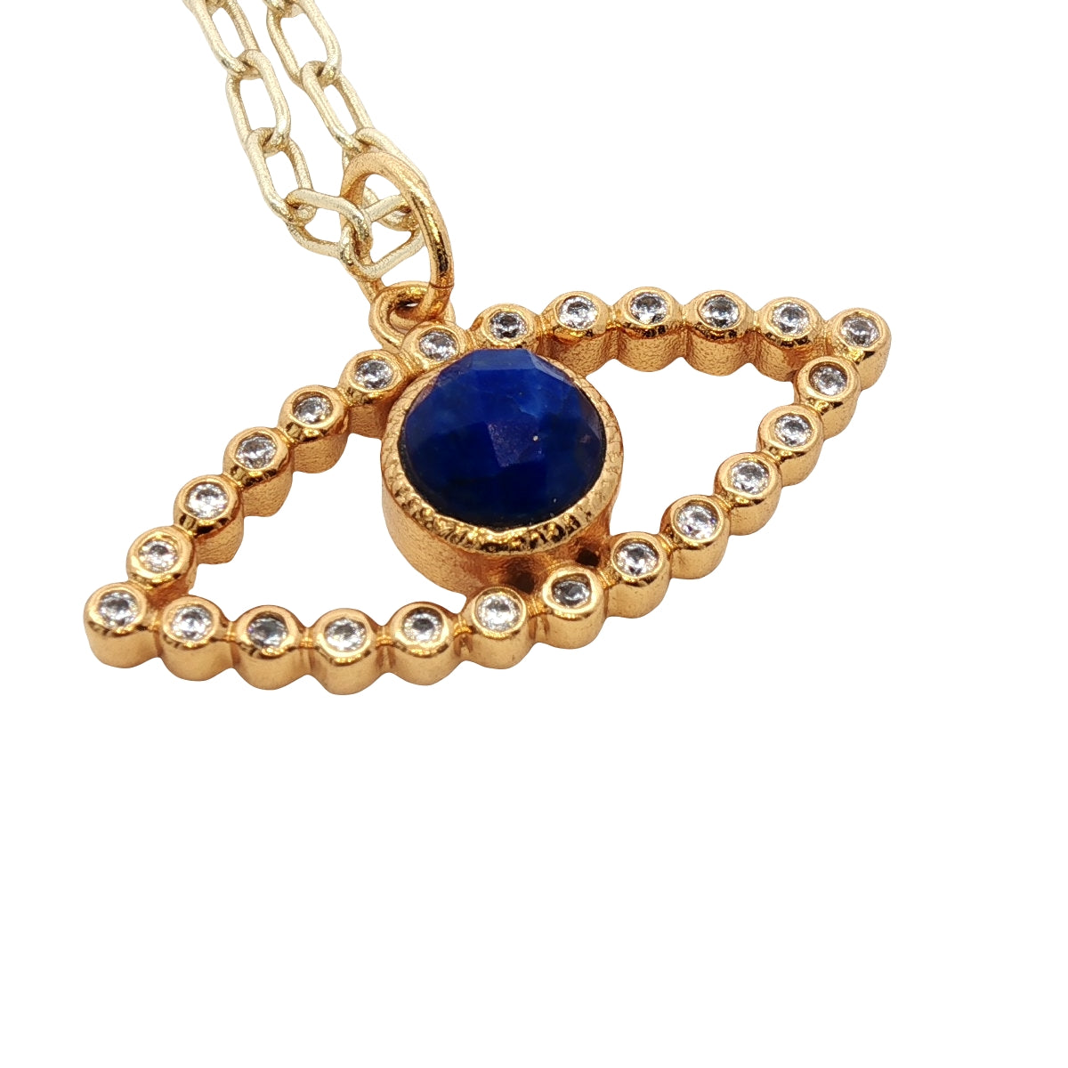 Collier doré Oeil ajouré lapis lazulis et zircons 42 cm