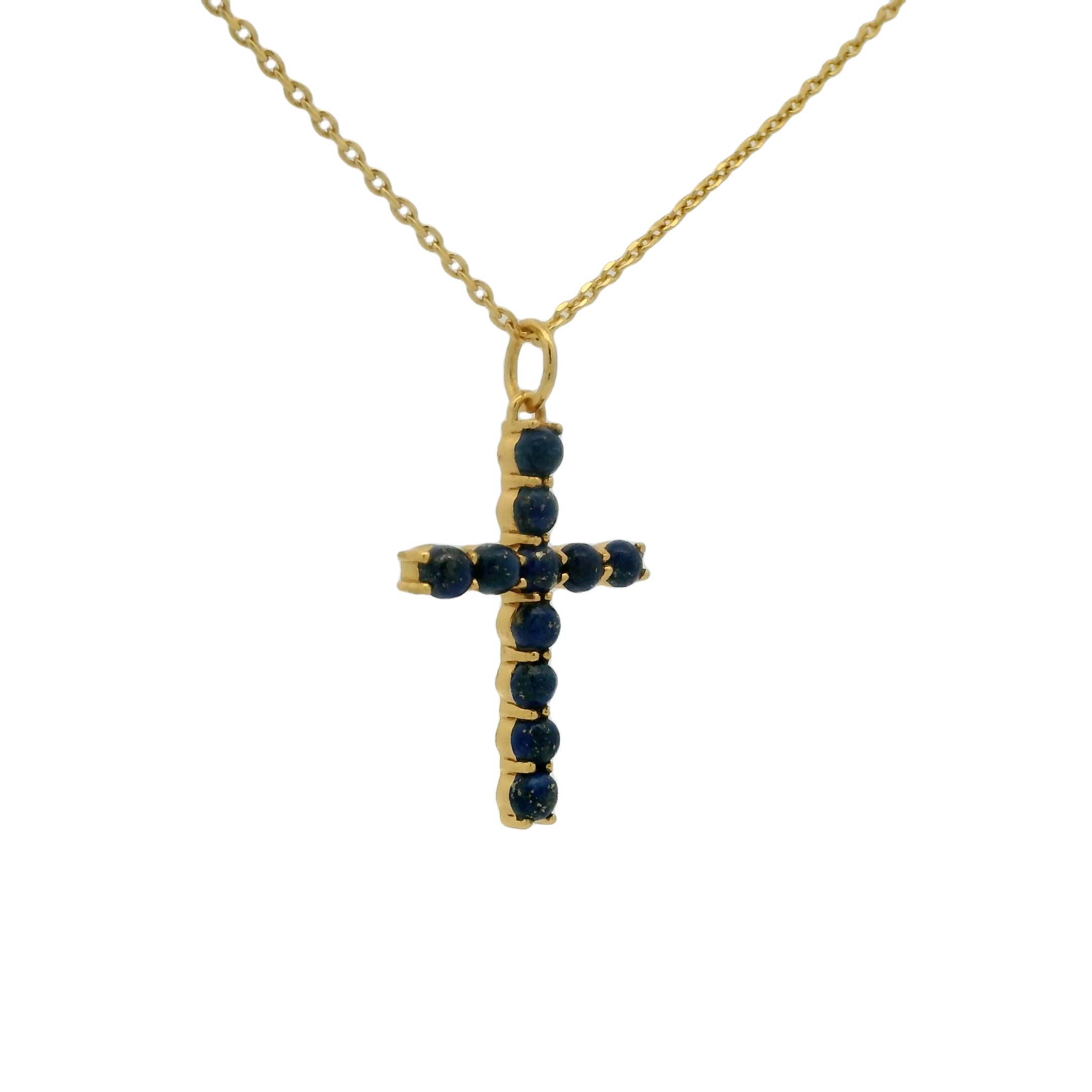 Collier doré croix en lapis 42 cm